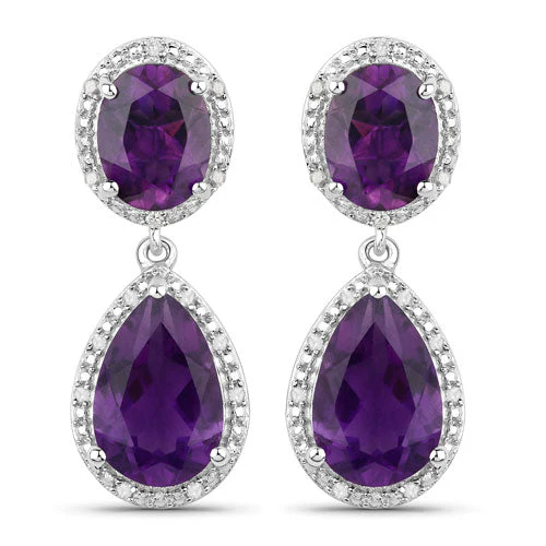 8.45 Carat Genuine Amethyst and White Diamond .925 Sterling Silver Earrings - Image 2