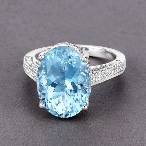 8.84 Carat Genuine Aquamarine and White Diamond 14K White Gold Ring - Image 5