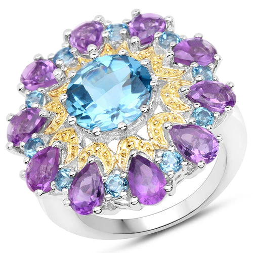 8.86 Carat Genuine London Blue Topaz and Amethyst .925 Sterling Silver Ring - Image 4