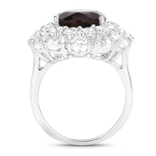 9.29 Carat Genuine Smoky Quartz and White Topaz .925 Sterling Silver Ring - Image 2