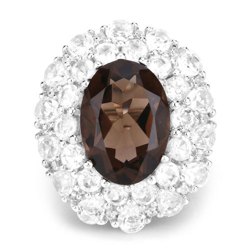 9.29 Carat Genuine Smoky Quartz and White Topaz .925 Sterling Silver Ring - Image 3