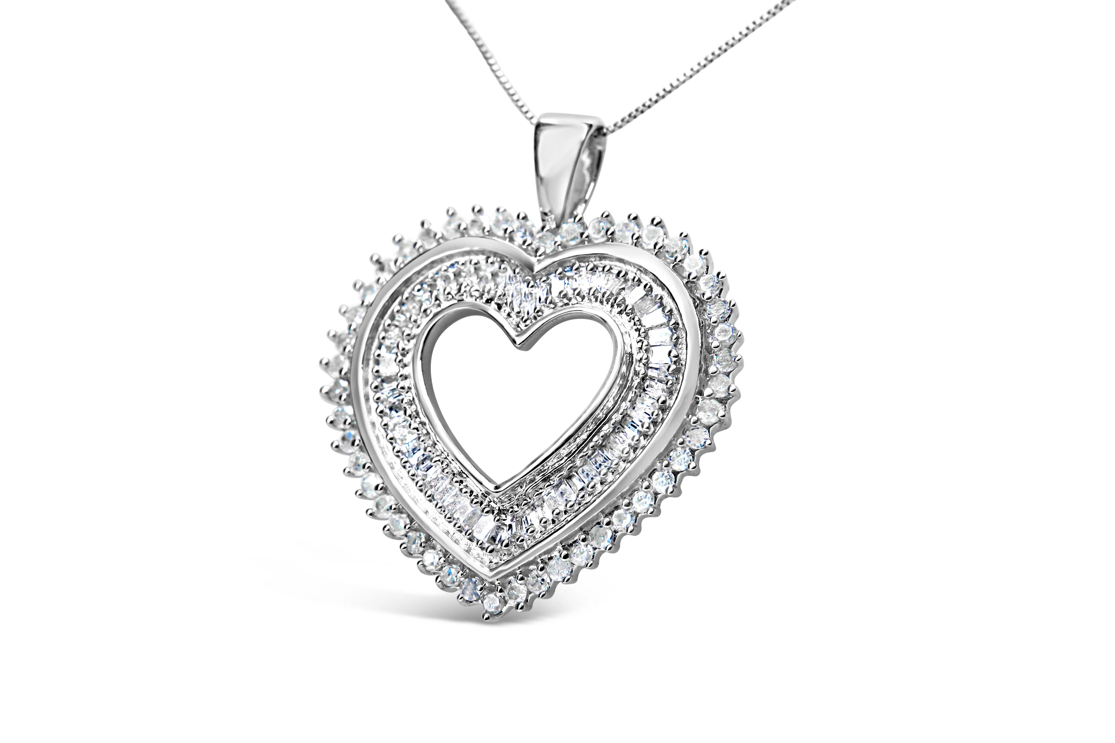 .925 Sterling Silver 1.0 Cttw Baguette and Round Diamond  Heart Pendant 18" Necklace (H-I Color, I3 Clarity) - Image 3