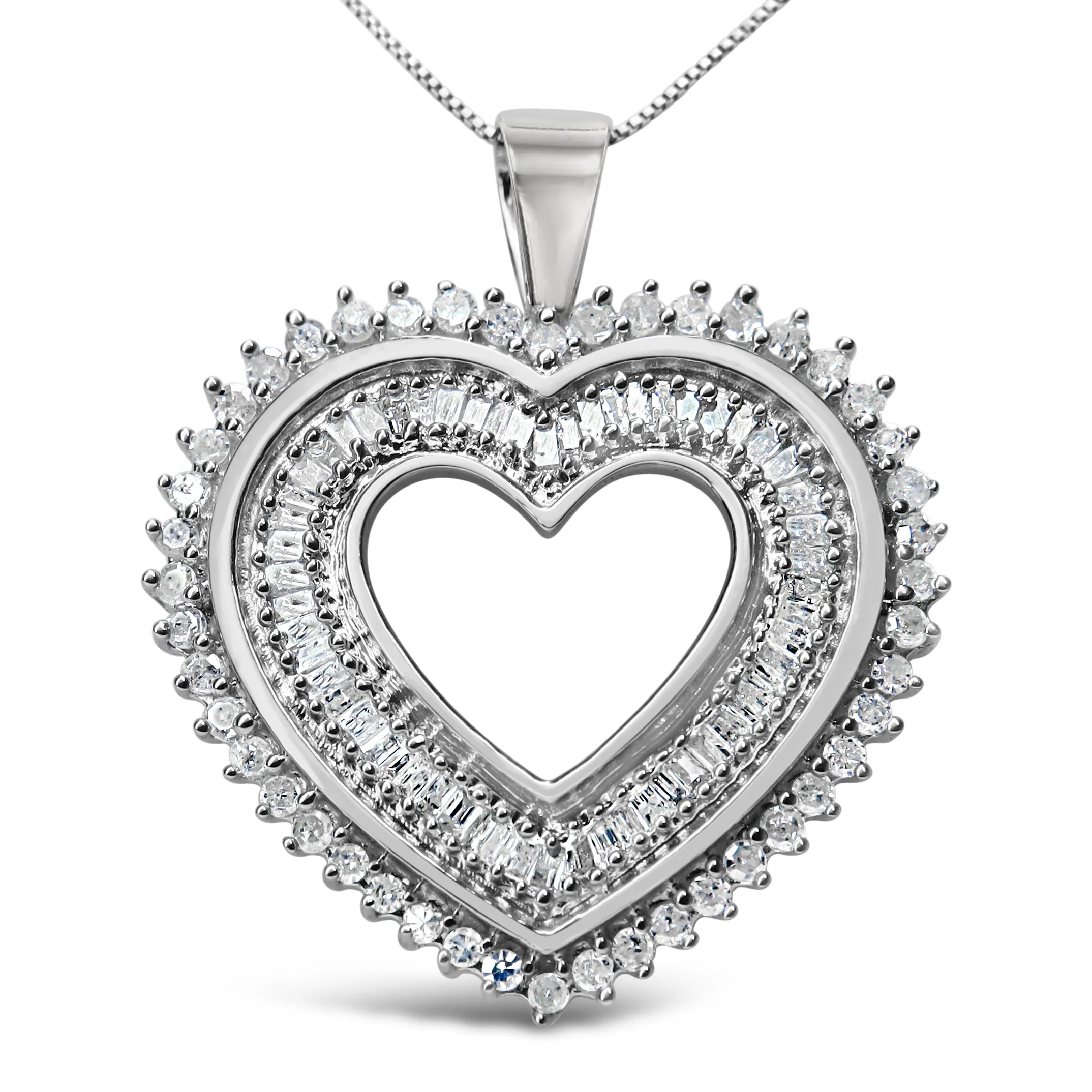 .925 Sterling Silver 1.0 Cttw Baguette and Round Diamond  Heart Pendant 18" Necklace (H-I Color, I3 Clarity) - Image 5