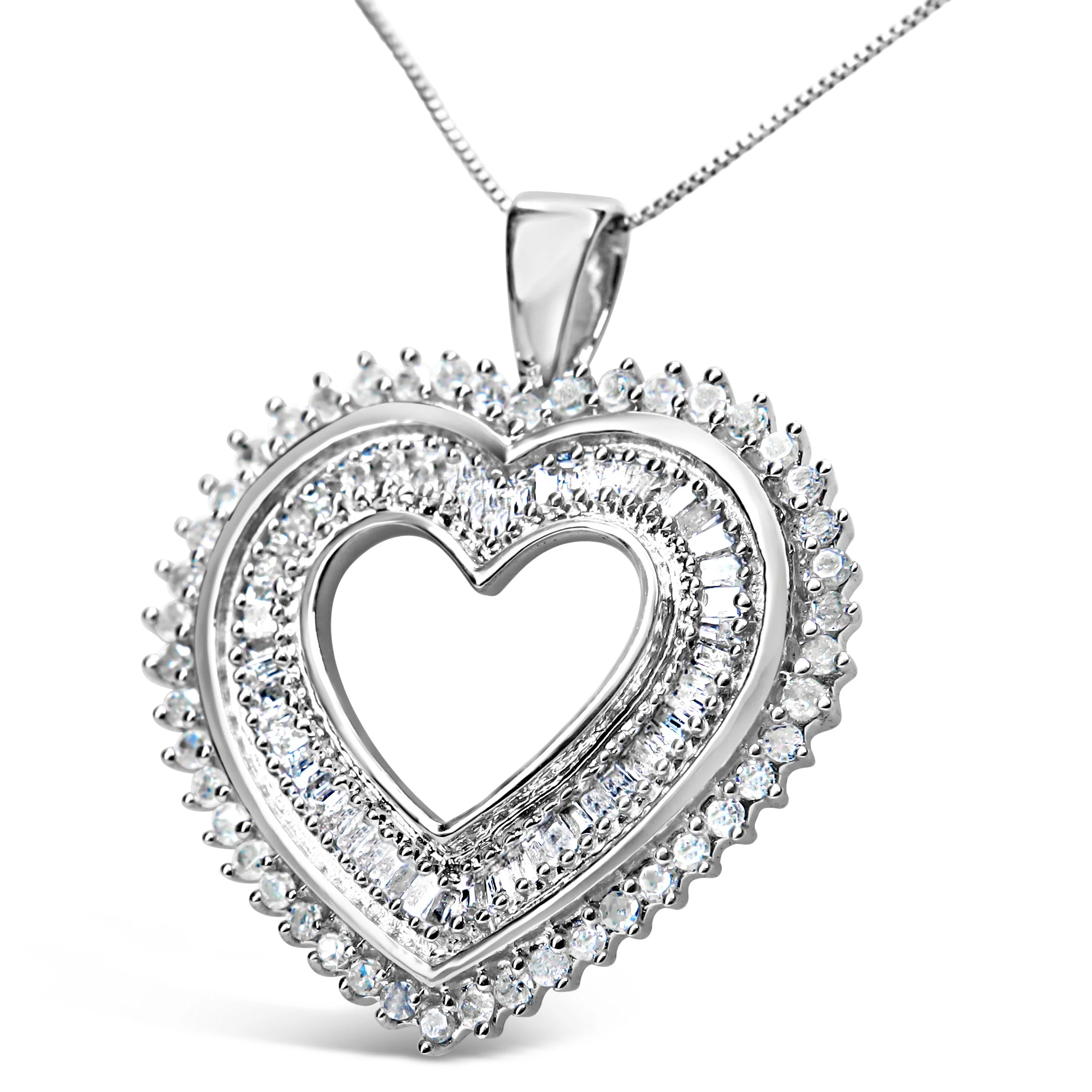 .925 Sterling Silver 1.0 Cttw Baguette and Round Diamond  Heart Pendant 18" Necklace (H-I Color, I3 Clarity) - Image 6