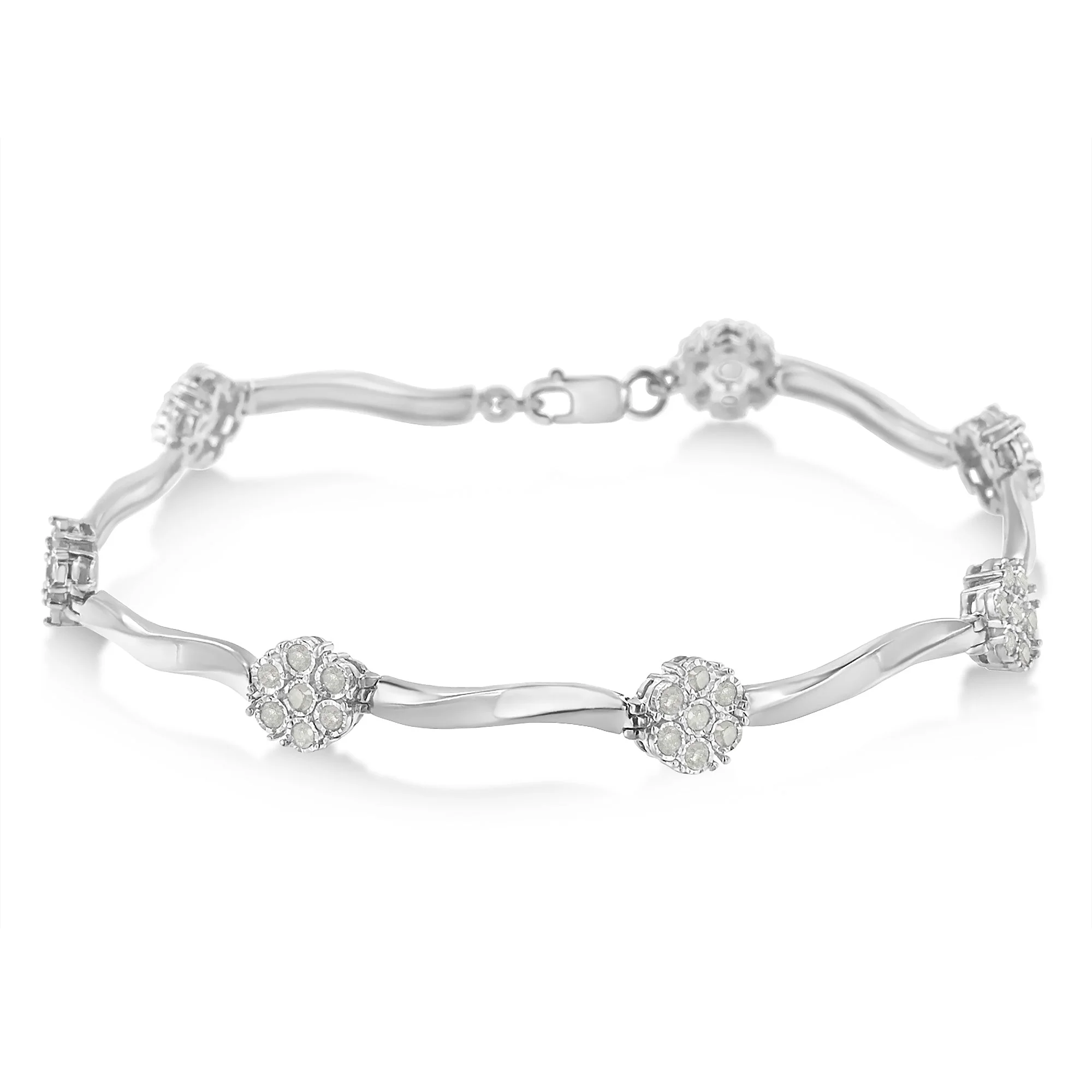 .925 Sterling Silver 1.0 Cttw Diamond Cluster Miracle-Set Station & Twisted Bar 7" Tennis Bracelet (H-I Color, I1-I2 Clarity) - Image 2