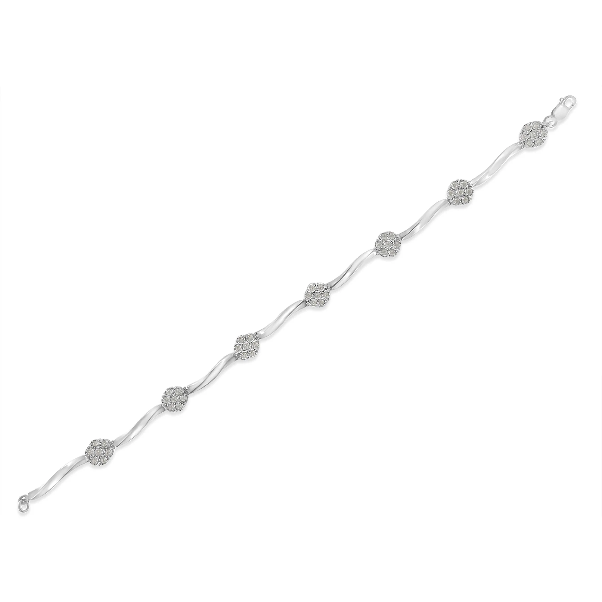 .925 Sterling Silver 1.0 Cttw Diamond Cluster Miracle-Set Station & Twisted Bar 7" Tennis Bracelet (H-I Color, I1-I2 Clarity) - Image 8