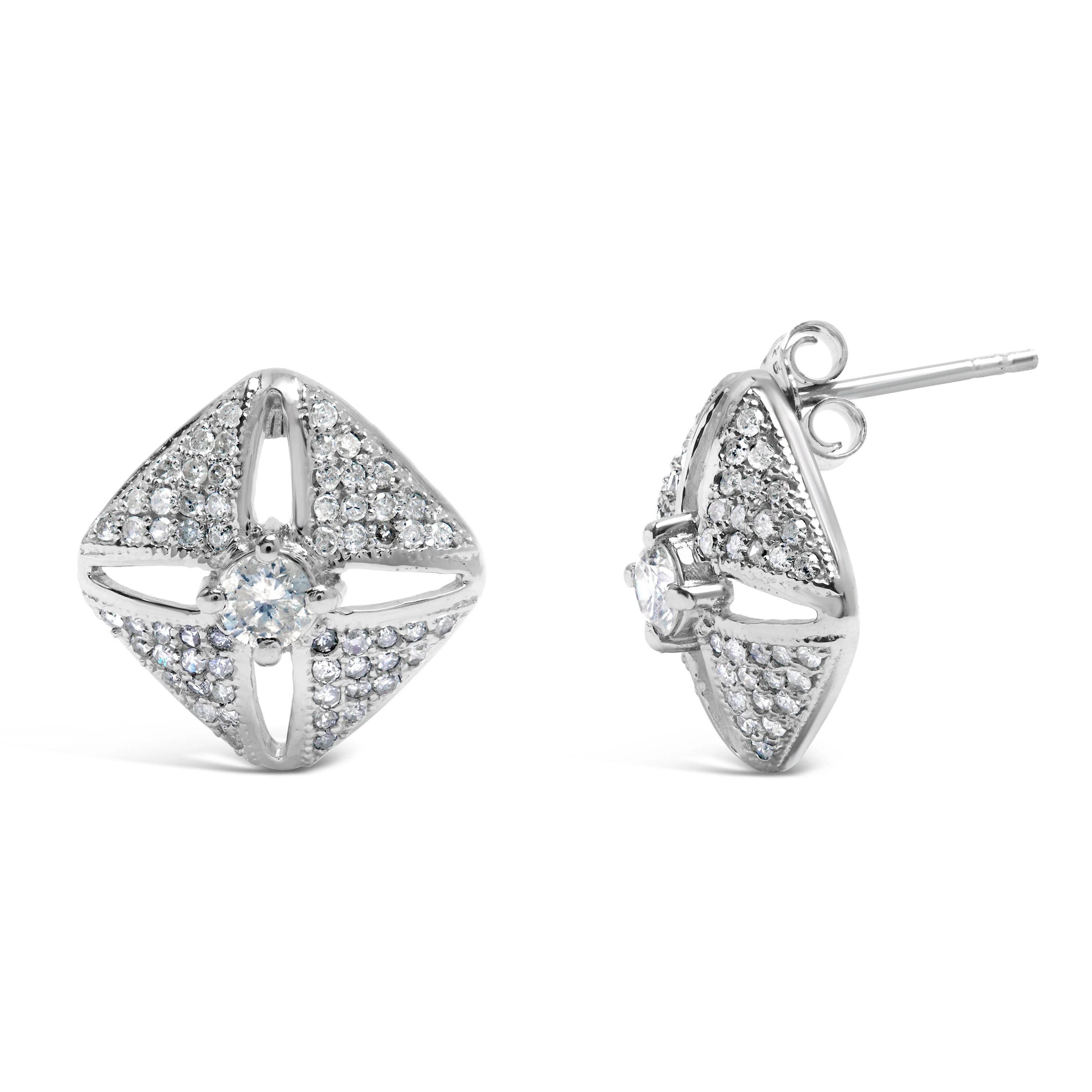 .925 Sterling Silver 1.0 Cttw Diamond Studded Rhombus Stud Earring (H-I Color, I2-I3 Clarity) - Image 2