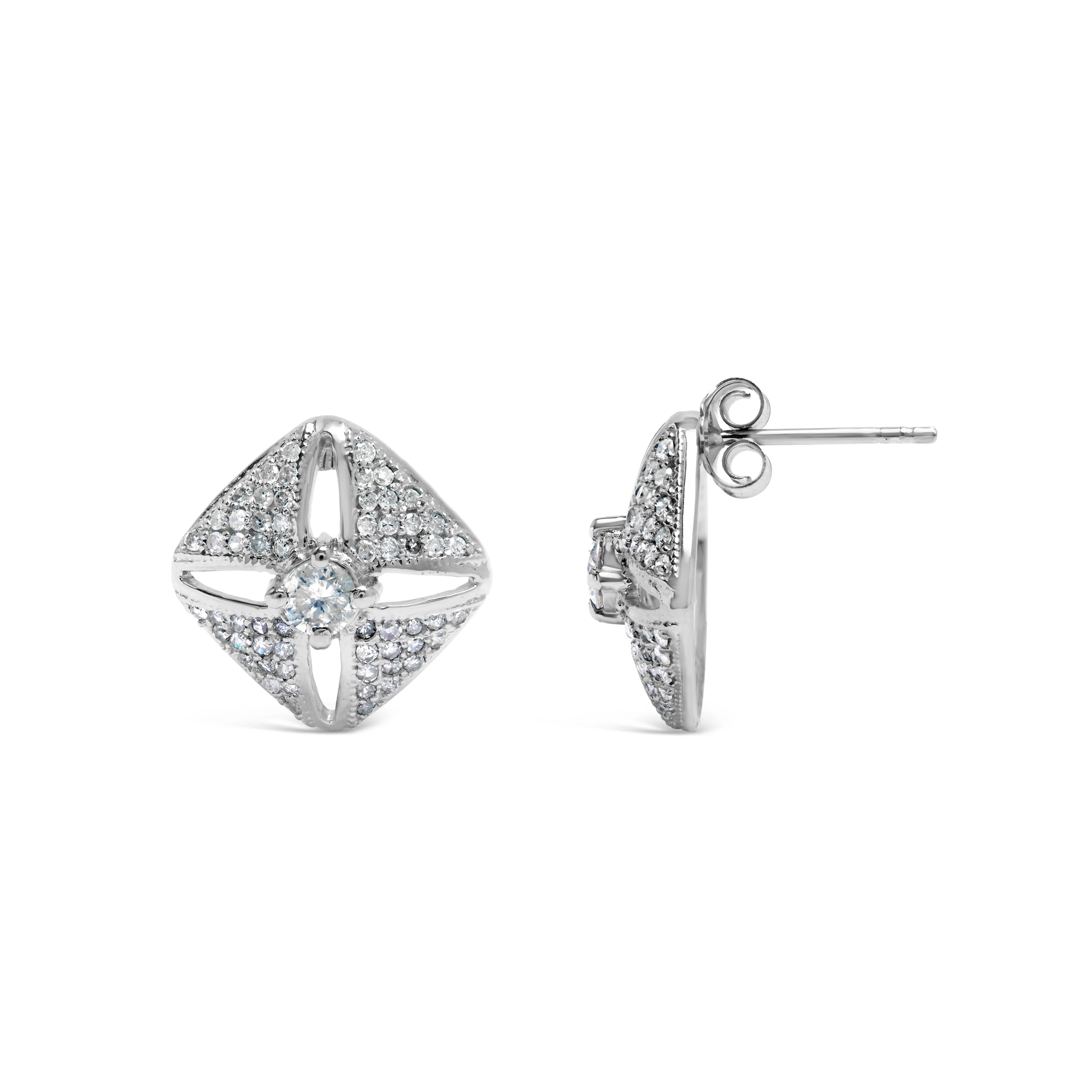.925 Sterling Silver 1.0 Cttw Diamond Studded Rhombus Stud Earring (H-I Color, I2-I3 Clarity) - Image 3