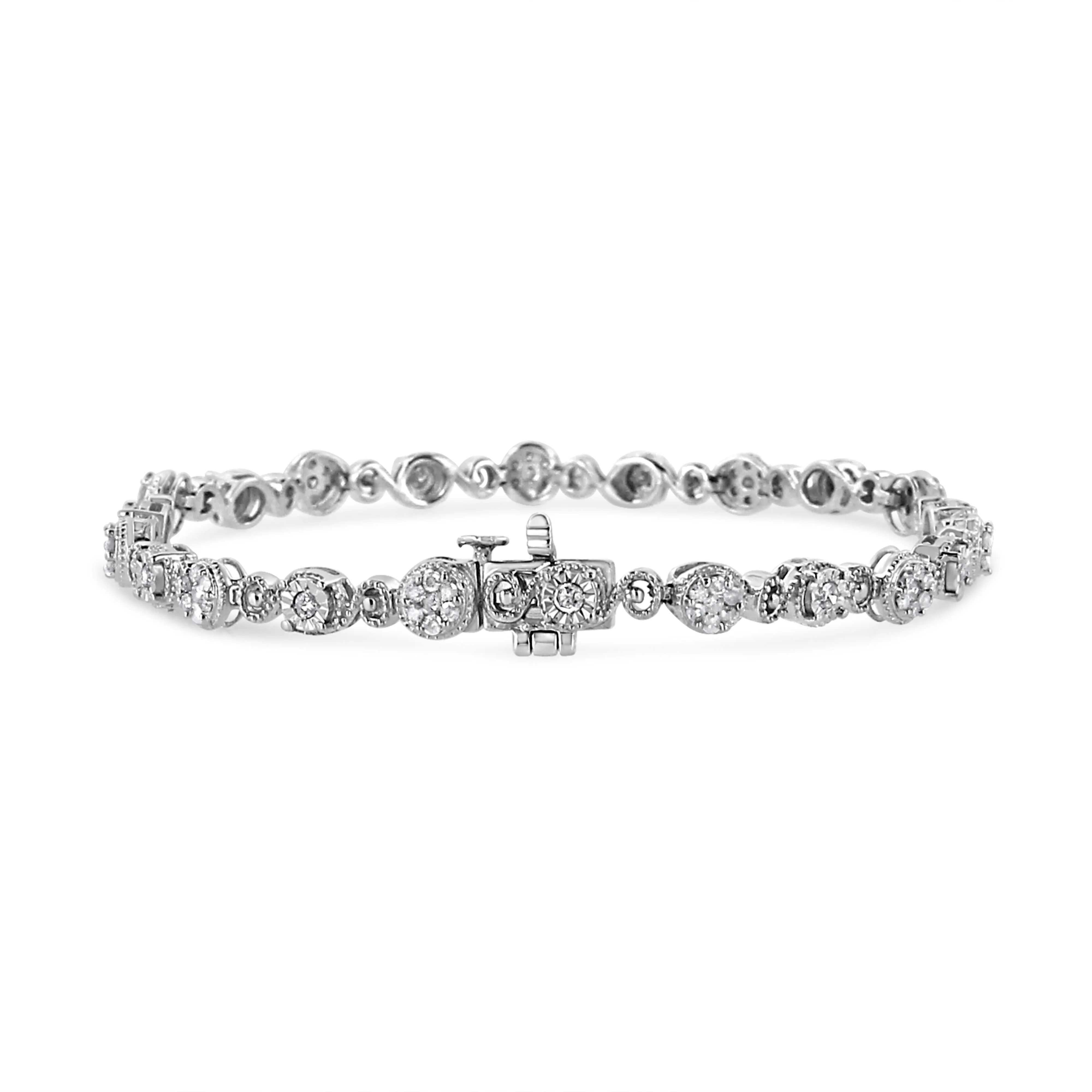 .925 Sterling Silver 1.0 Cttw Diamond Swirl Beaded Link Bracelet (I-J Color, I3-Promo Clarity) - 7.25" Inches - Image 2
