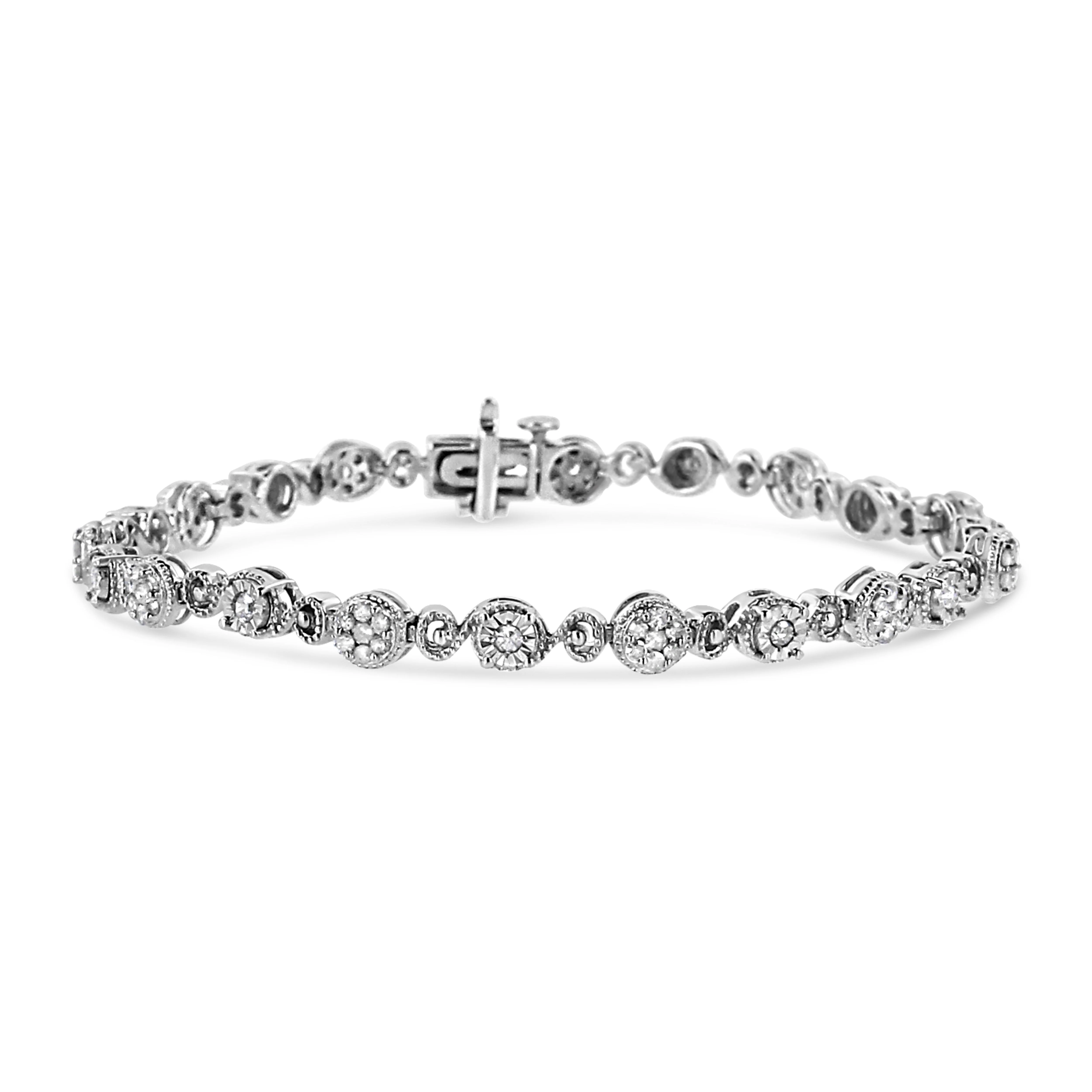 .925 Sterling Silver 1.0 Cttw Diamond Swirl Beaded Link Bracelet (I-J Color, I3-Promo Clarity) - 7.25" Inches - Image 4