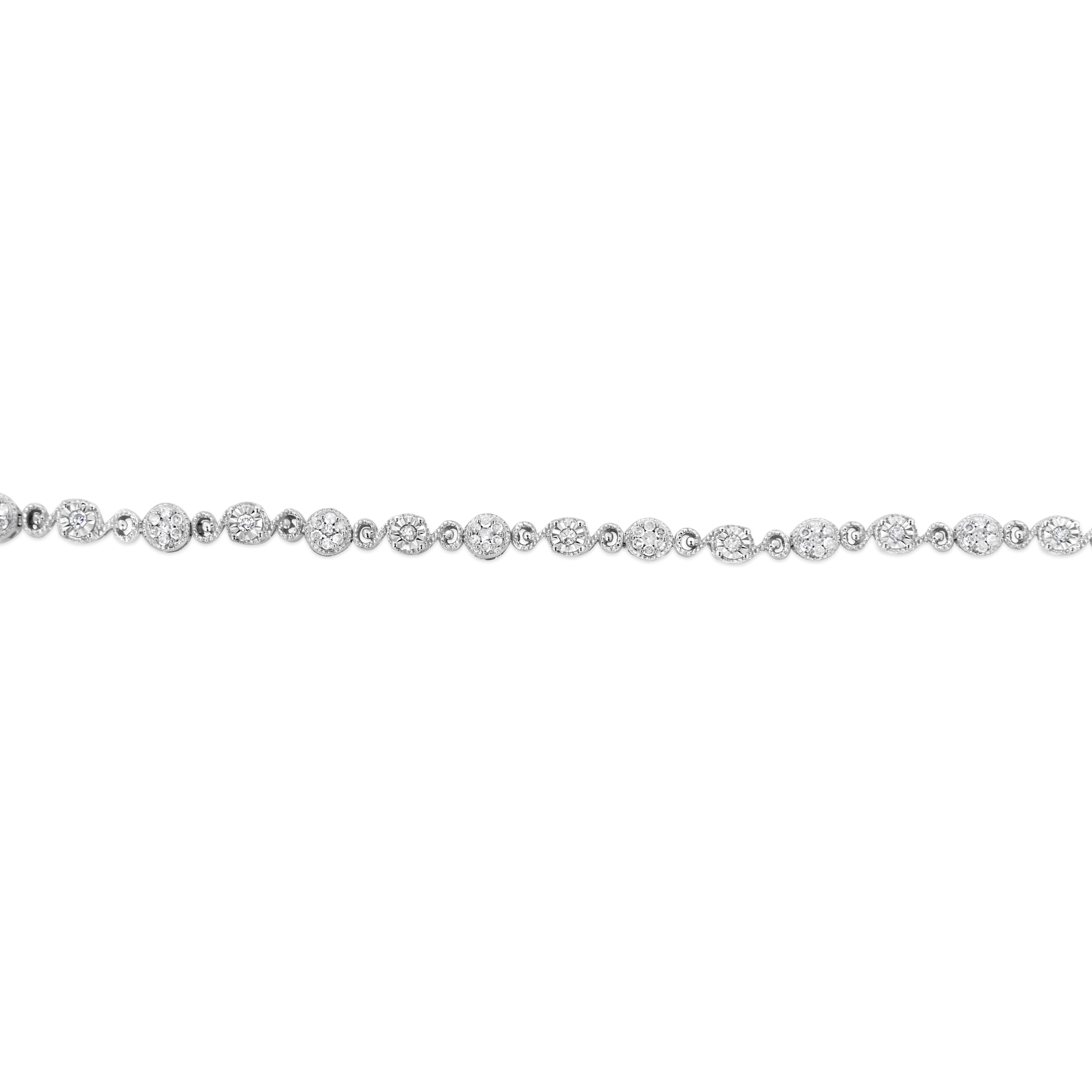 .925 Sterling Silver 1.0 Cttw Diamond Swirl Beaded Link Bracelet (I-J Color, I3-Promo Clarity) - 7.25" Inches - Image 6