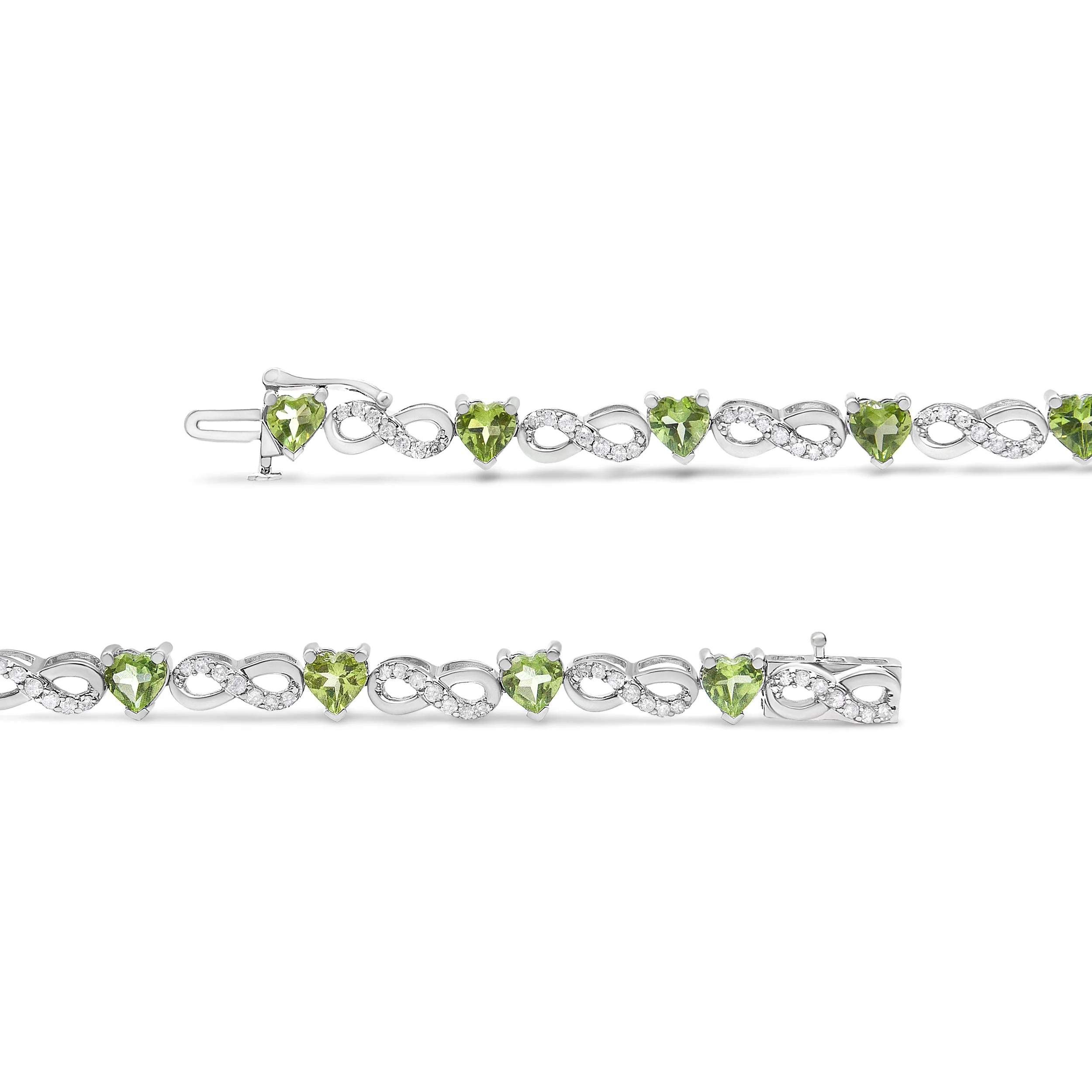 .925 Sterling Silver 1.00 Cttw Diamond and 4.00mm Lab Created Green Heart-Shaped Peridot Infinity Link Bracelet (I-J Color, I2-I3 Clarity) - 7.25" - Image 2