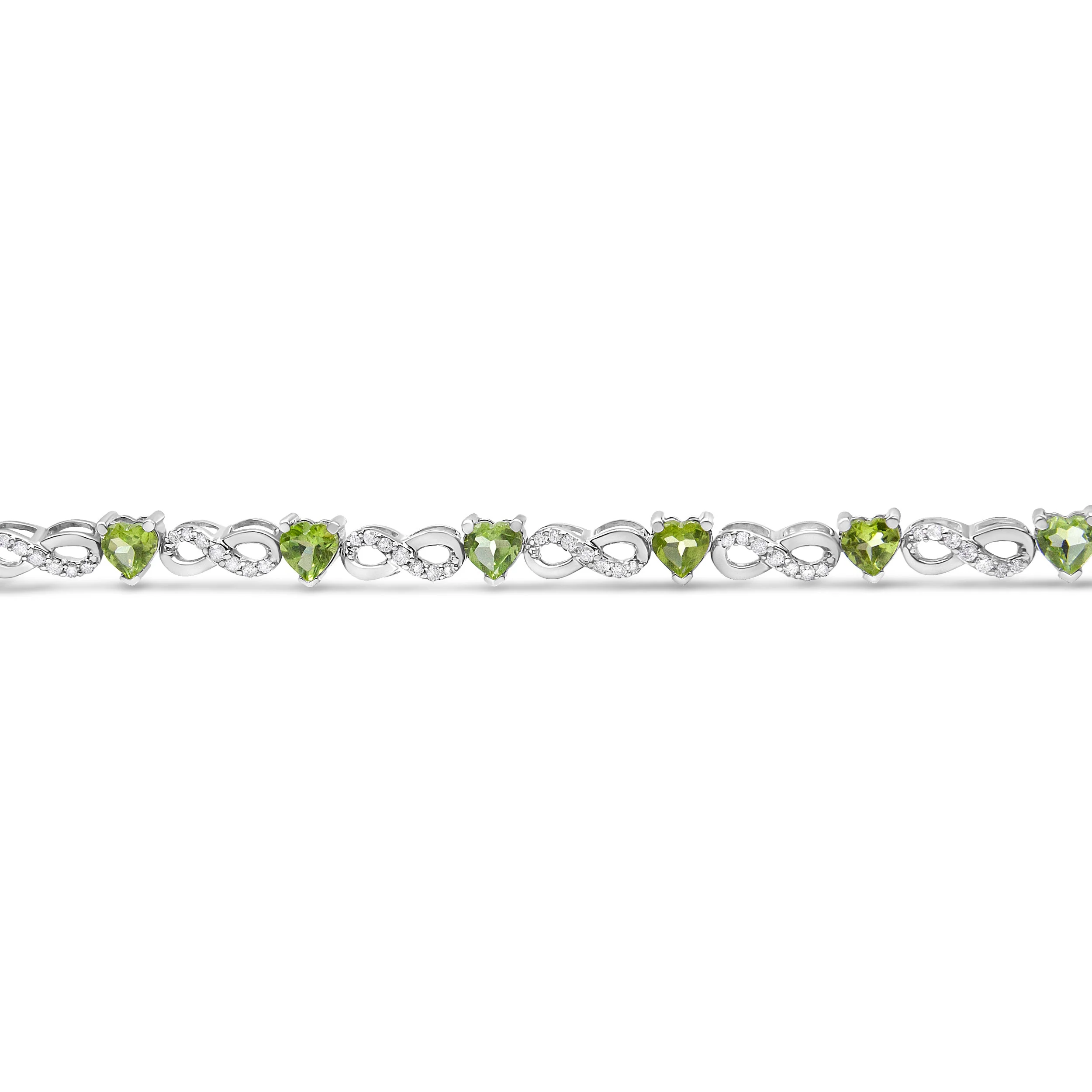 .925 Sterling Silver 1.00 Cttw Diamond and 4.00mm Lab Created Green Heart-Shaped Peridot Infinity Link Bracelet (I-J Color, I2-I3 Clarity) - 7.25" - Image 3