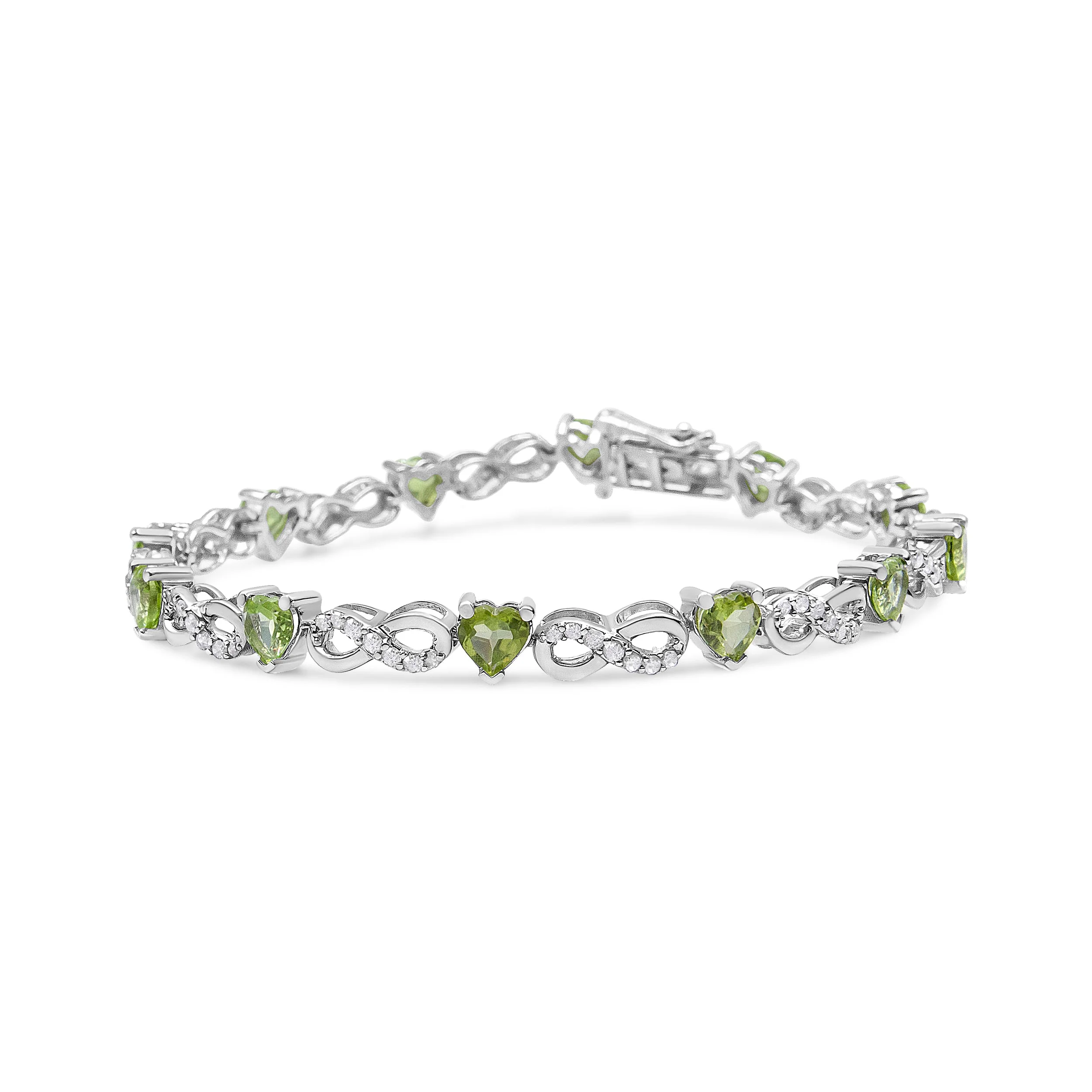 .925 Sterling Silver 1.00 Cttw Diamond and 4.00mm Lab Created Green Heart-Shaped Peridot Infinity Link Bracelet (I-J Color, I2-I3 Clarity) - 7.25" - Image 5