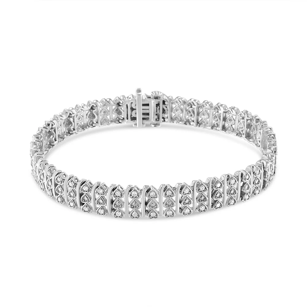 .925 Sterling Silver 1.00 Cttw Diamond Multi Row Heart Link Bracelet (H-I Color, I1-I2 Clarity) - 7.25" Inches - Image 3