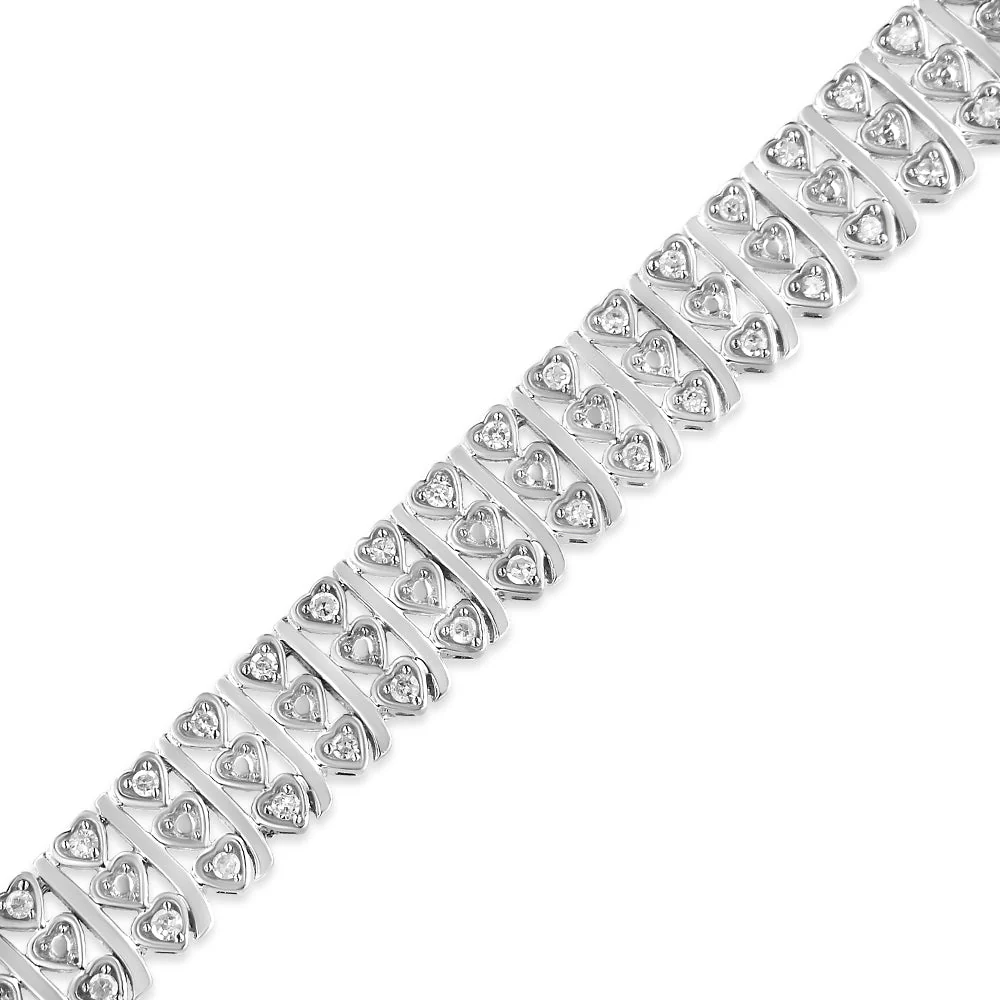 .925 Sterling Silver 1.00 Cttw Diamond Multi Row Heart Link Bracelet (H-I Color, I1-I2 Clarity) - 7.25" Inches - Image 4