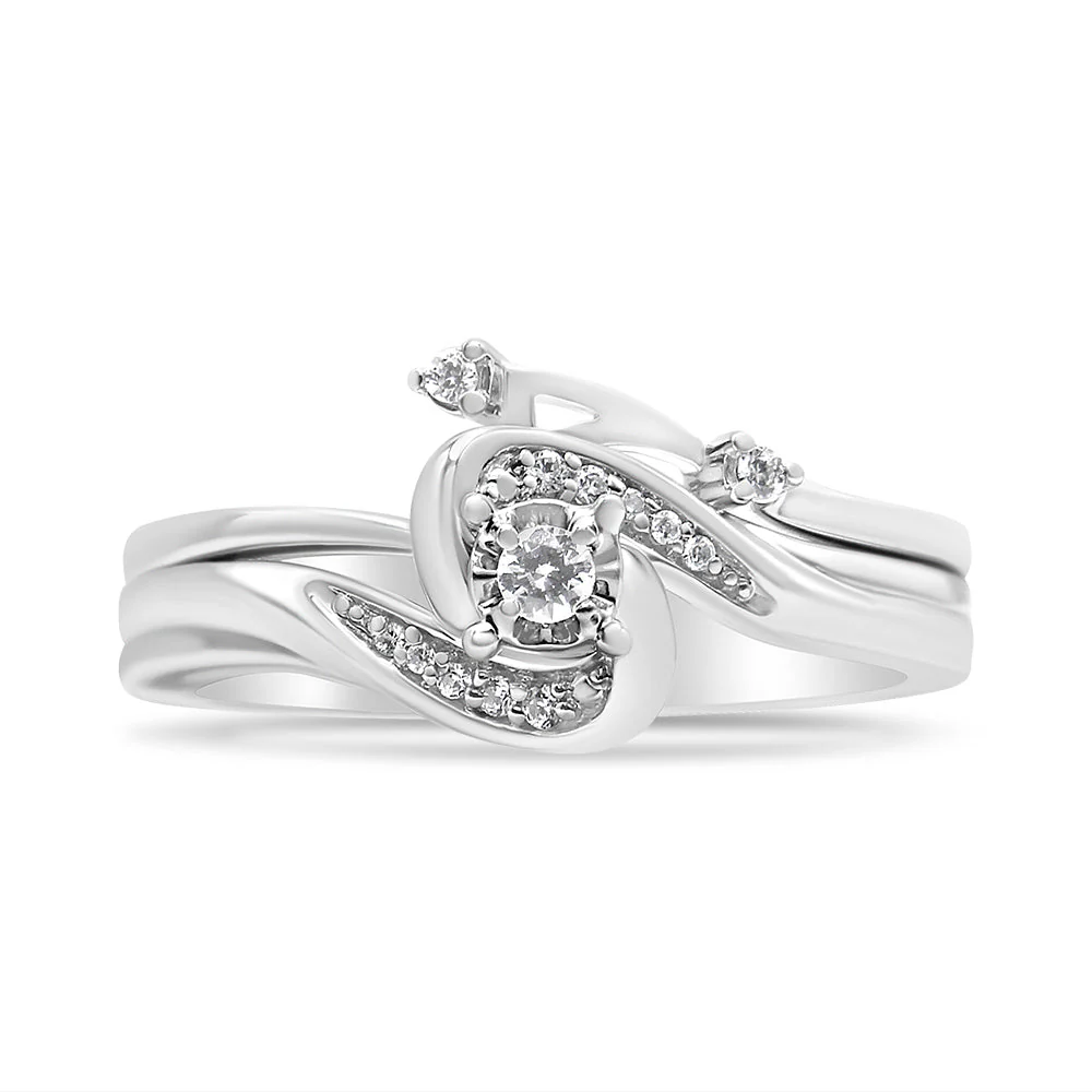.925 Sterling Silver 1/10 Cttw Diamond Swirl and Bypass Bridal Set Ring and Band (I-J Color, I3 Clarity) - Size 7 - Image 4