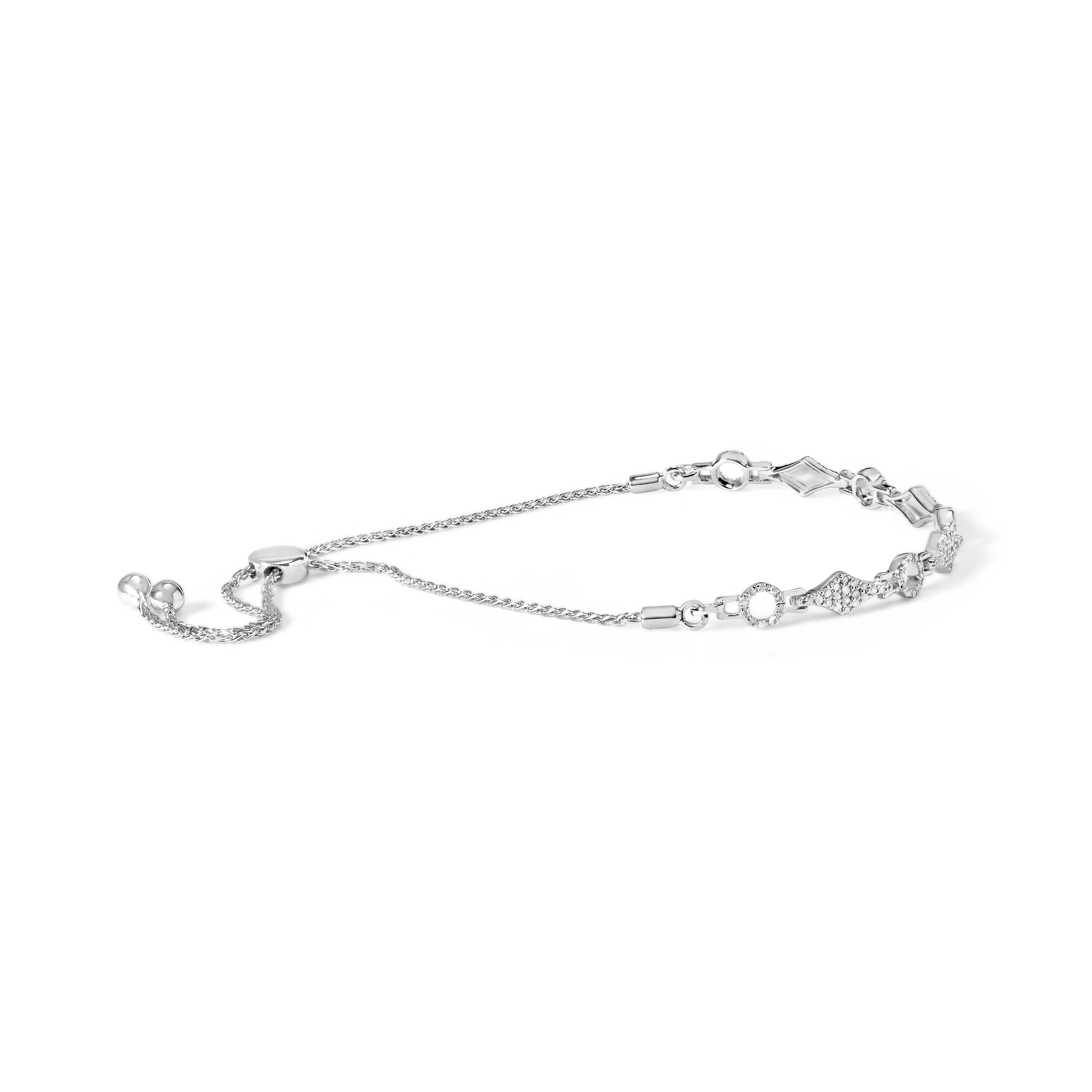 .925 Sterling Silver 1/2 Cttw Diamond Alternating Circle and Kite Link Adjustable Bolo Bracelet (I-J Color, I3 Clarity) - 4" to 10" Inches - Image 2