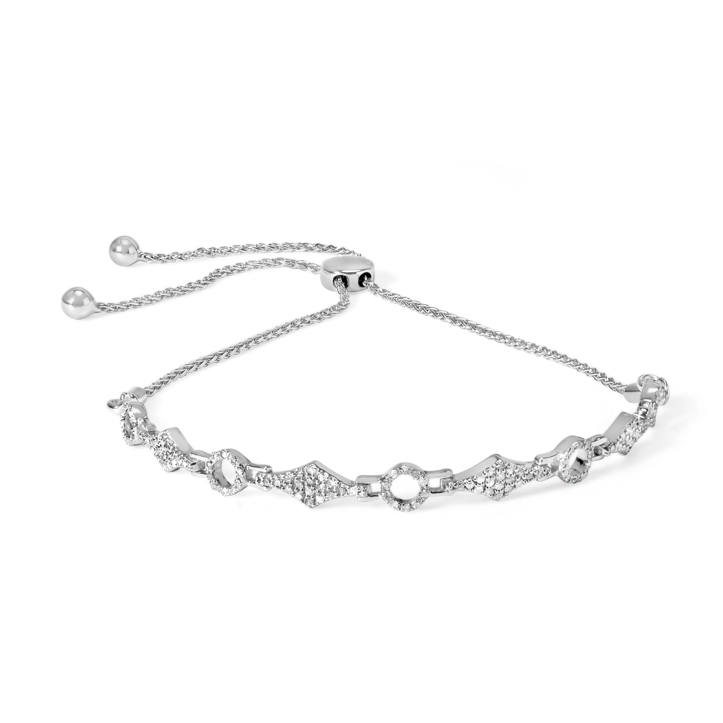 .925 Sterling Silver 1/2 Cttw Diamond Alternating Circle and Kite Link Adjustable Bolo Bracelet (I-J Color, I3 Clarity) - 4" to 10" Inches - Image 4