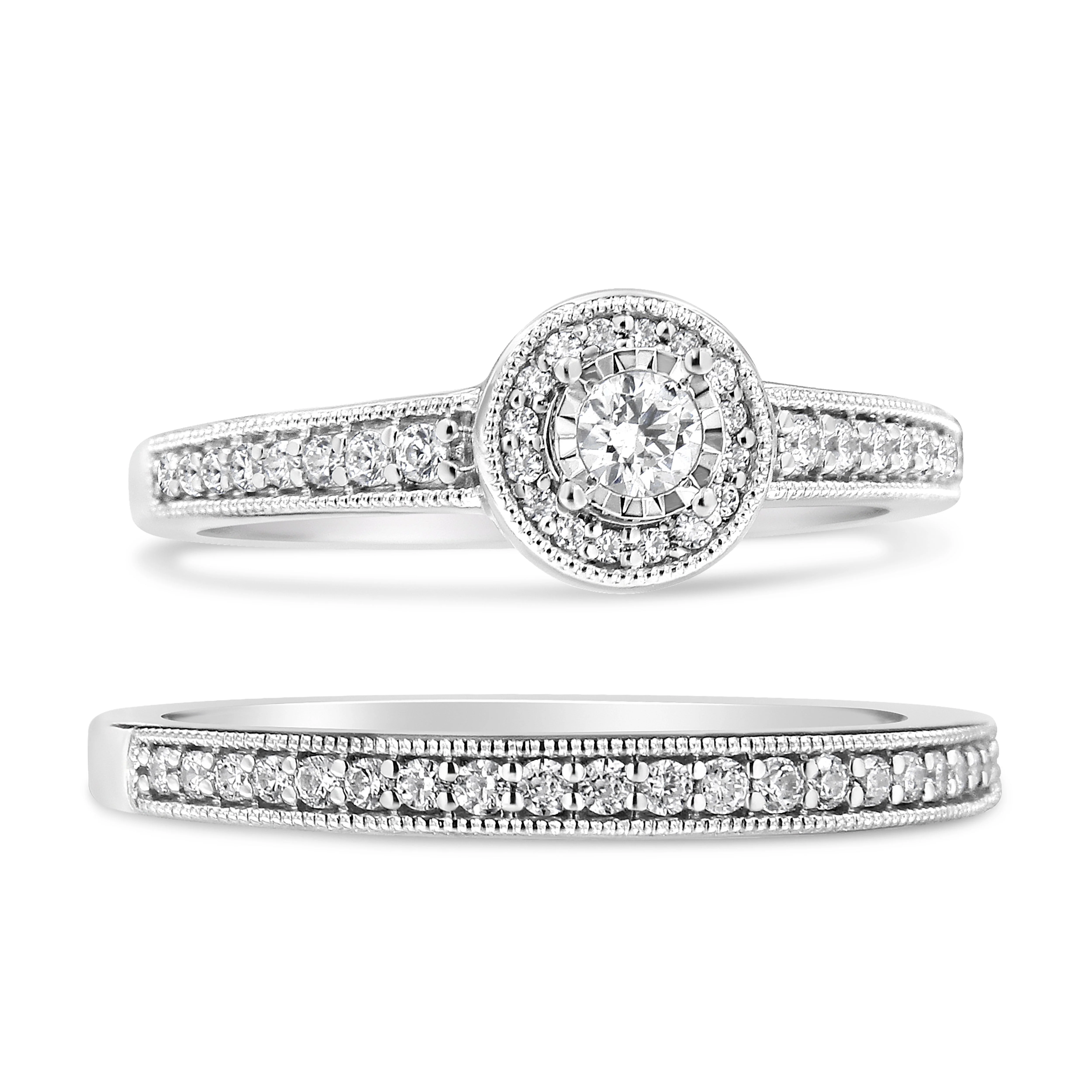 .925 Sterling Silver 1/2 Ctw Diamond Halo and Milgrain Engagement Ring Bridal Set (I-J Color, I3 Clarity) - Ring Size 7 - Image 5