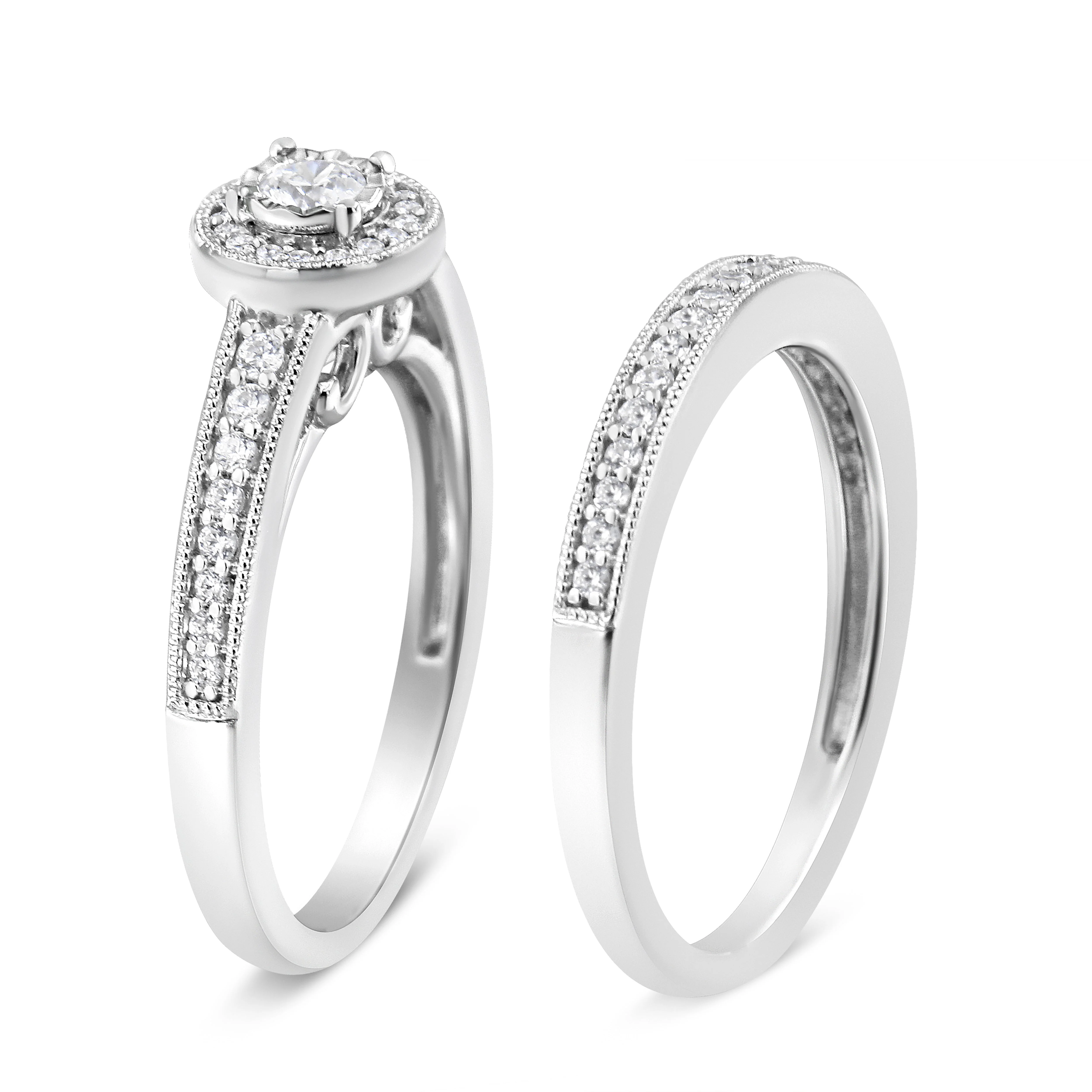 .925 Sterling Silver 1/2 Ctw Diamond Halo and Milgrain Engagement Ring Bridal Set (I-J Color, I3 Clarity) - Ring Size 7 - Image 6