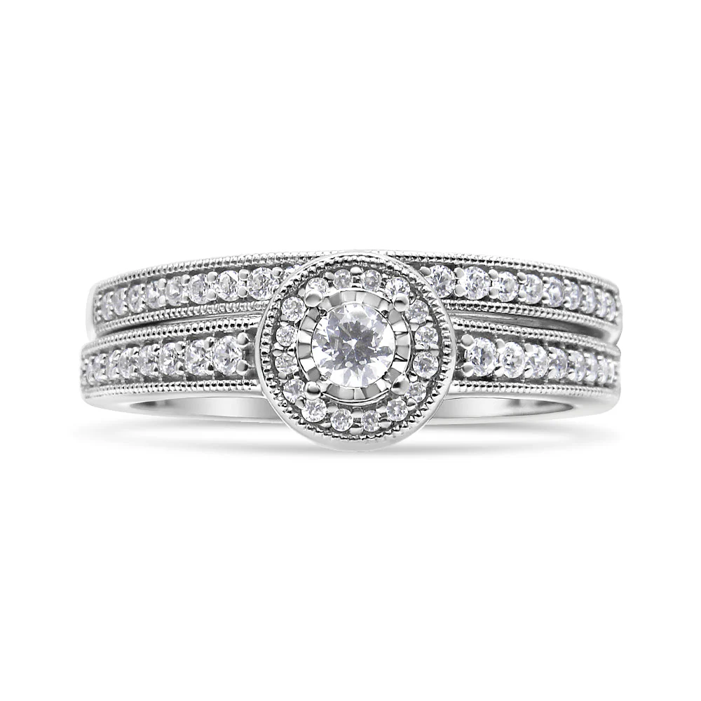 .925 Sterling Silver 1/2 Ctw Diamond Halo and Milgrain Engagement Ring Bridal Set (I-J Color, I3 Clarity) - Ring Size 7 - Image 7