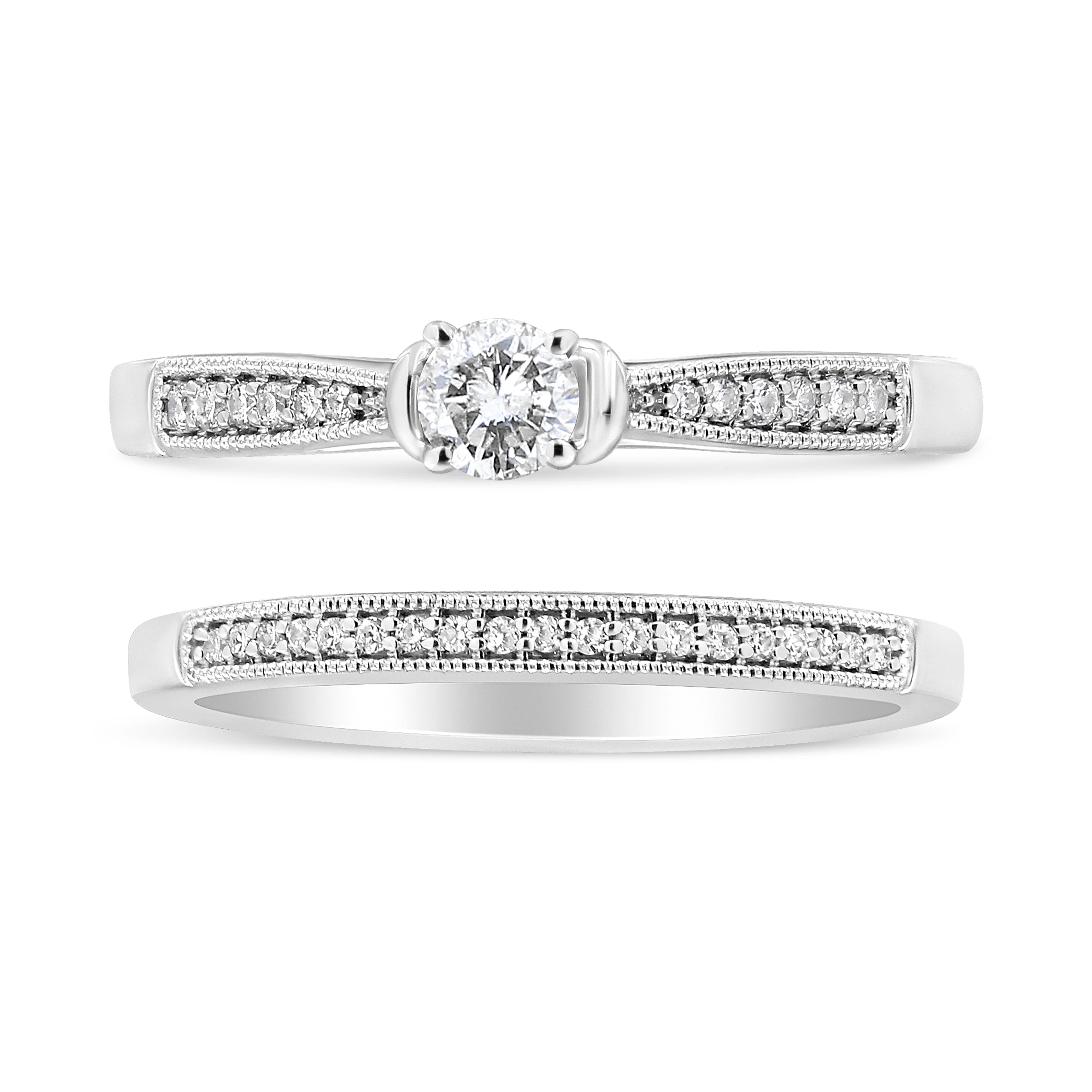 .925 Sterling Silver 1/3 Cttw Diamond Classic Engagement Ring Bridal Set with Milgrain (I-J Color, I3 Clarity) - Ring Size 7 - Image 2