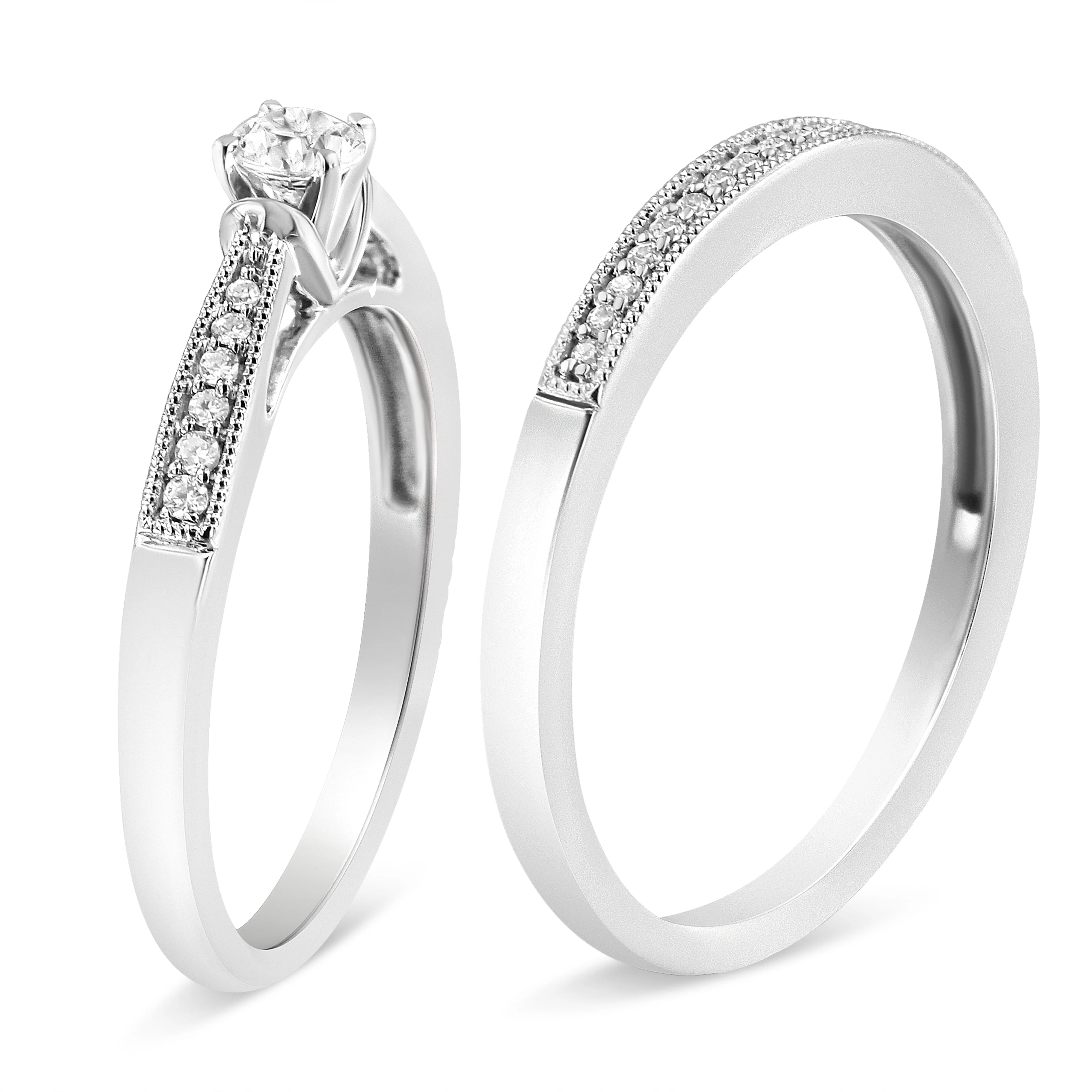 .925 Sterling Silver 1/3 Cttw Diamond Classic Engagement Ring Bridal Set with Milgrain (I-J Color, I3 Clarity) - Ring Size 7 - Image 3