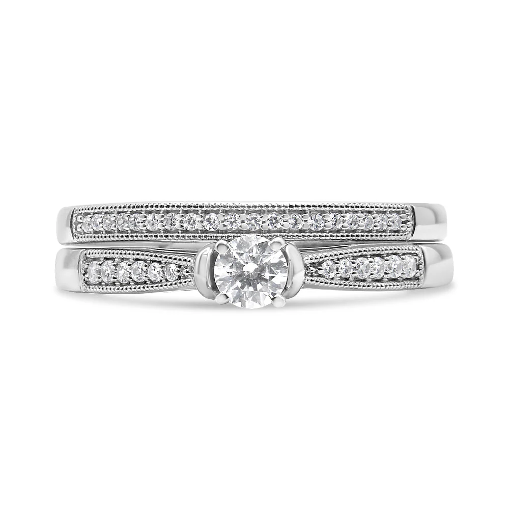 .925 Sterling Silver 1/3 Cttw Diamond Classic Engagement Ring Bridal Set with Milgrain (I-J Color, I3 Clarity) - Ring Size 7 - Image 4