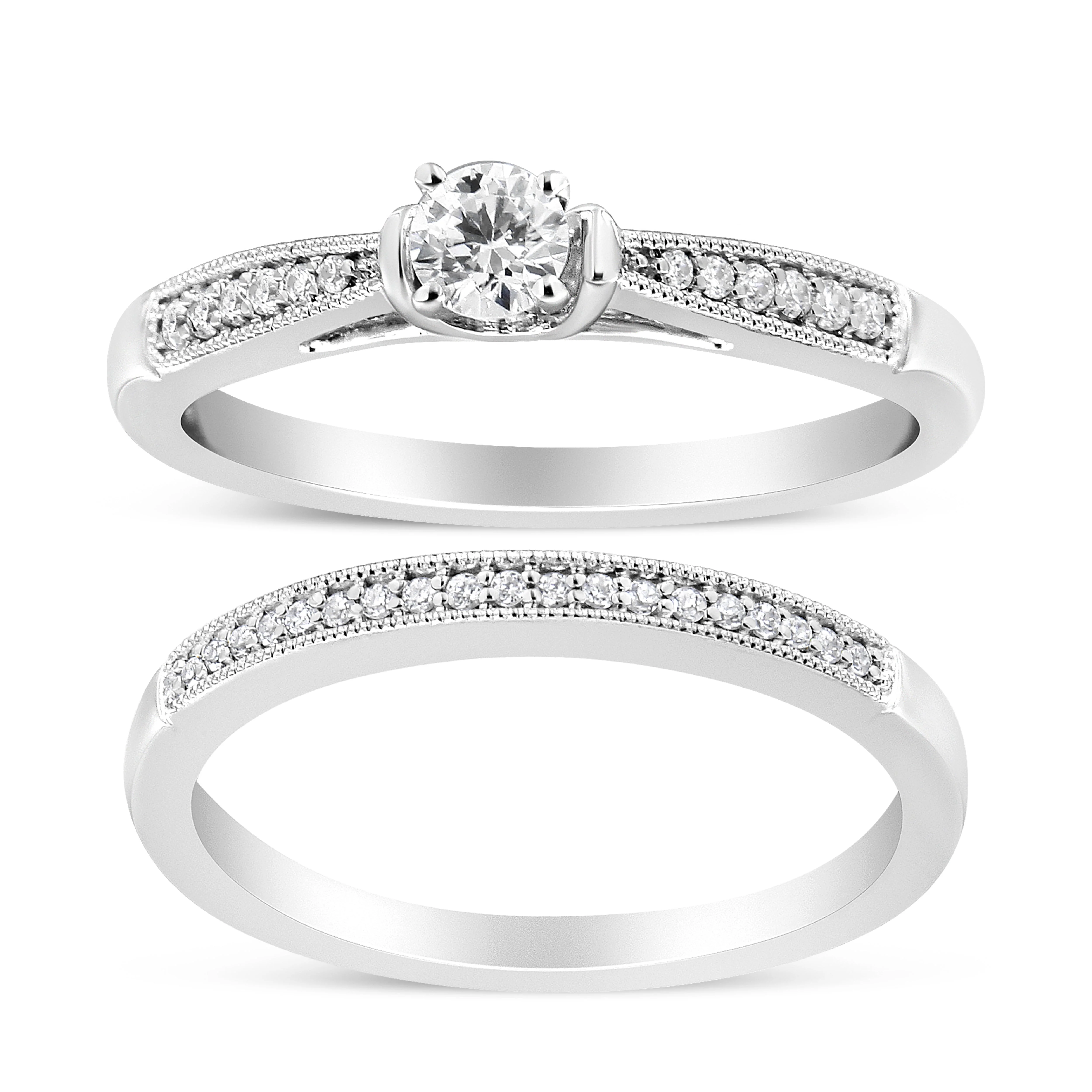 .925 Sterling Silver 1/3 Cttw Diamond Classic Engagement Ring Bridal Set with Milgrain (I-J Color, I3 Clarity) - Ring Size 7 - Image 5