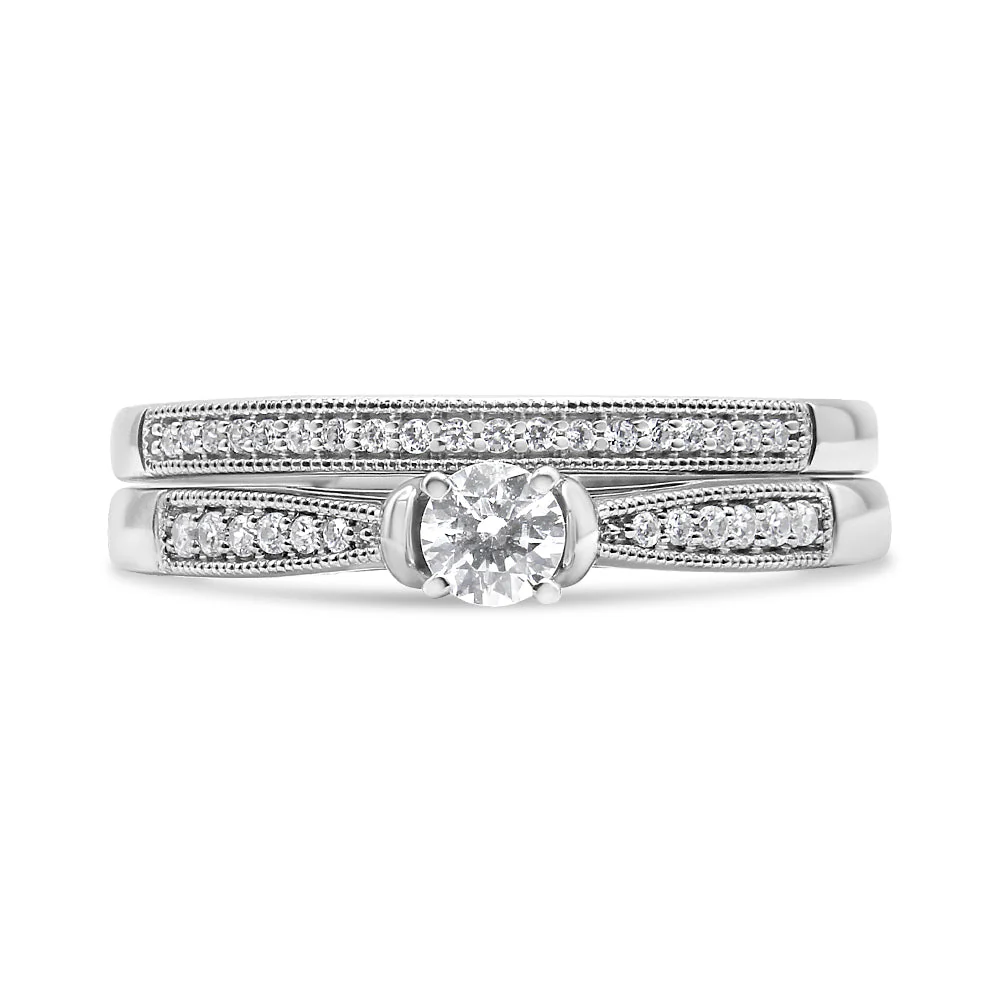 .925 Sterling Silver 1/3 Cttw Diamond Classic Engagement Ring Bridal Set with Milgrain (I-J Color, I3 Clarity) - Ring Size 7 - Image 8