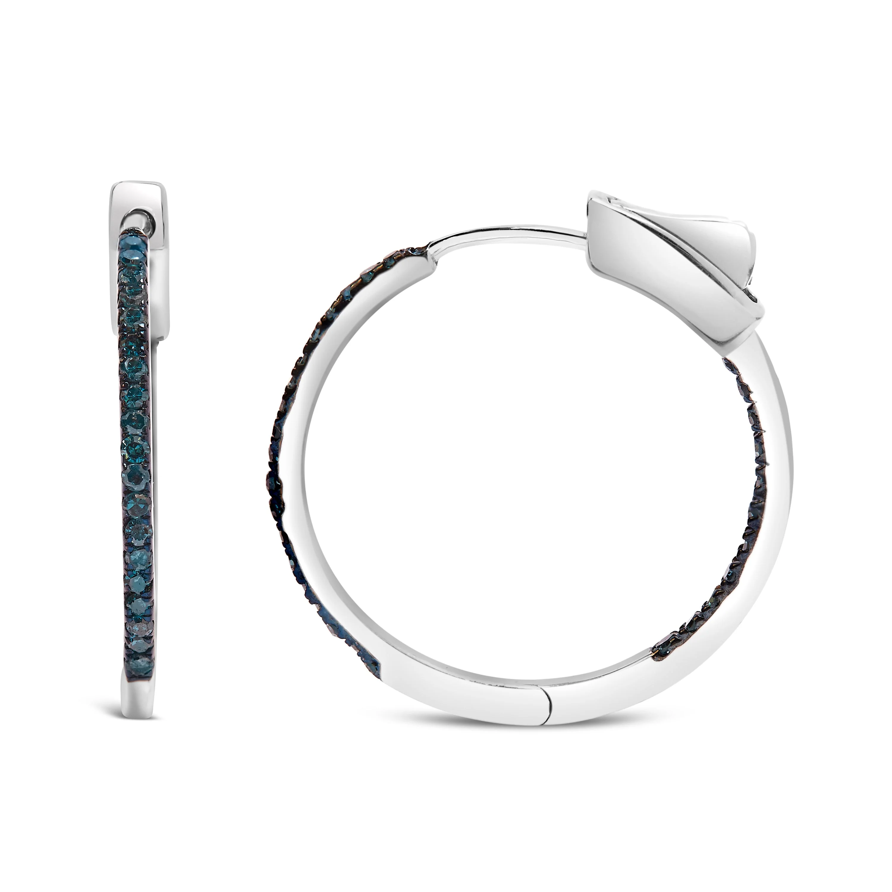 .925 Sterling Silver 1/3 Cttw Inside Out Blue Treated Diamond 1MM Wide Hoop Earrings (Blue Color, I2-I3 Clarity) - Image 4