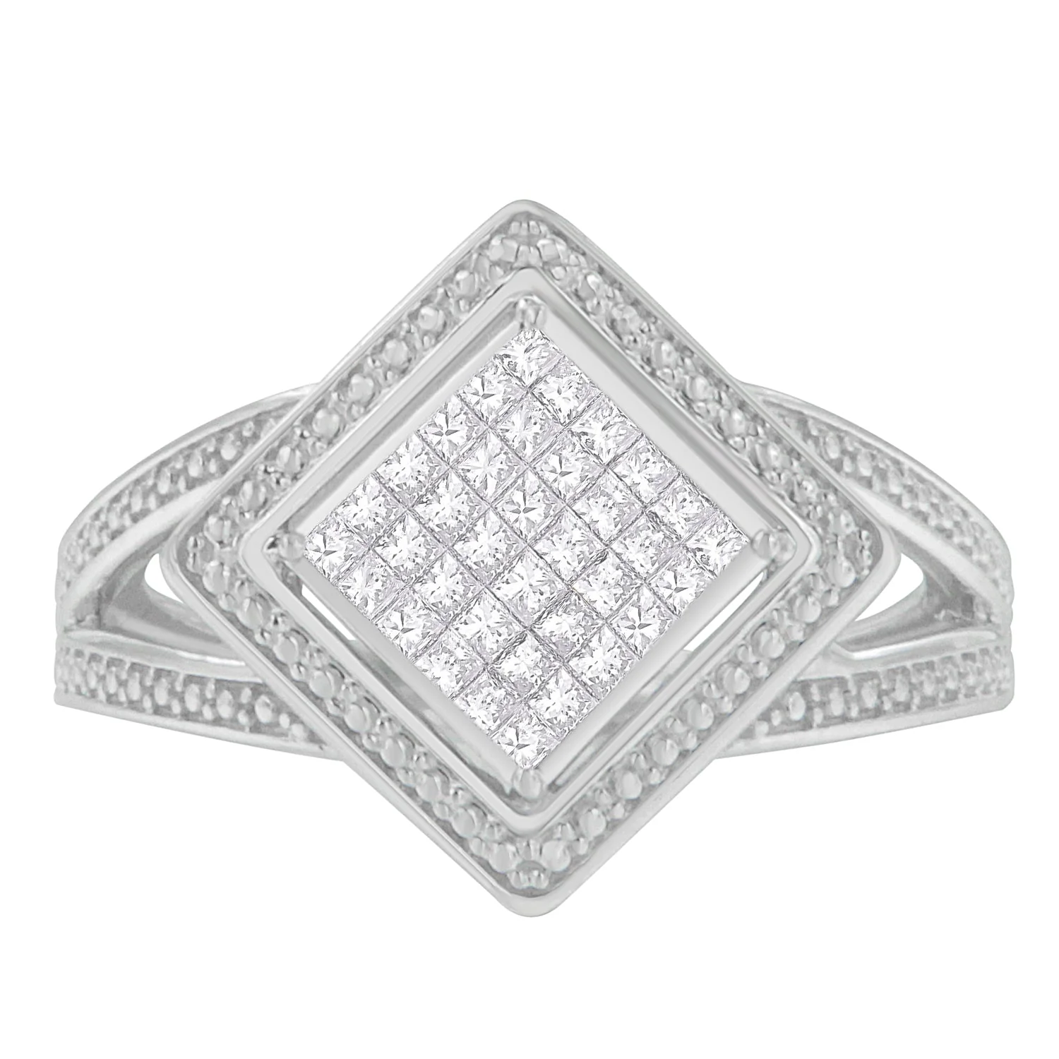 .925 Sterling Silver 1/3 Cttw Invisible Set Princess-Cut Diamond Rhombus and Beaded Halo Ring (H-I Color, SI1-SI2 Clarity) - Ring Size 7