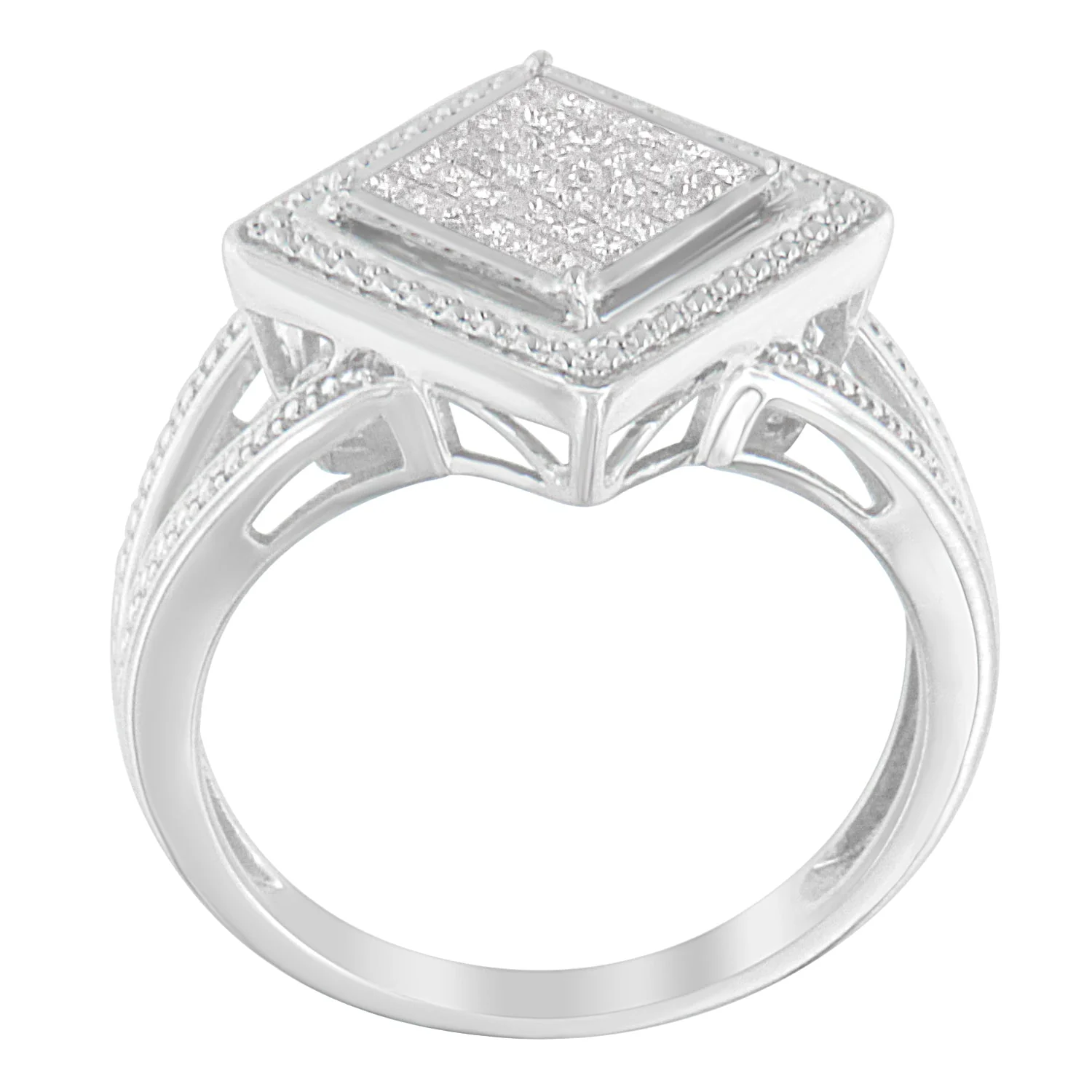 .925 Sterling Silver 1/3 Cttw Invisible Set Princess-Cut Diamond Rhombus and Beaded Halo Ring (H-I Color, SI1-SI2 Clarity) - Ring Size 7 - Image 3