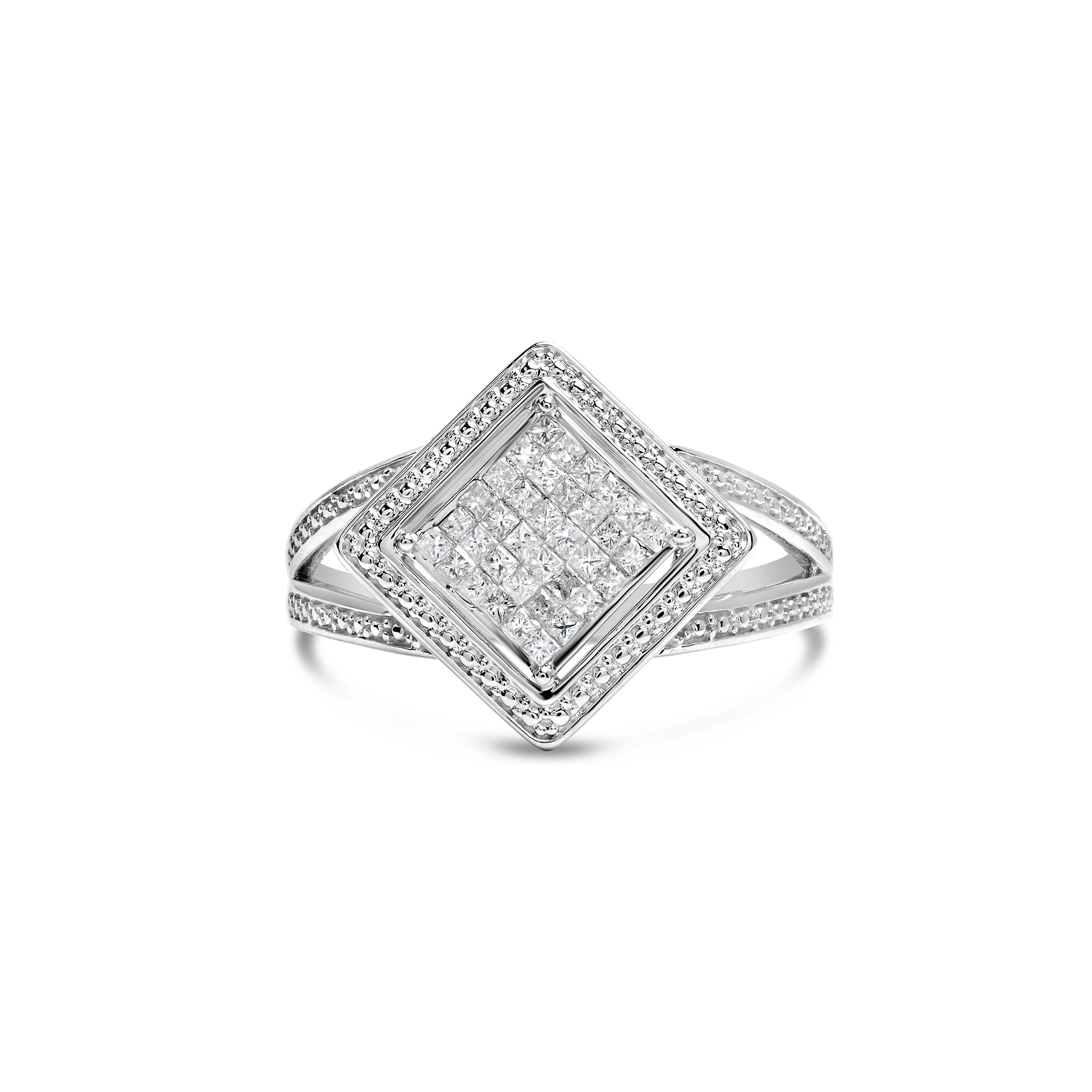 .925 Sterling Silver 1/3 Cttw Invisible Set Princess-Cut Diamond Rhombus and Beaded Halo Ring (H-I Color, SI1-SI2 Clarity) - Ring Size 7 - Image 6