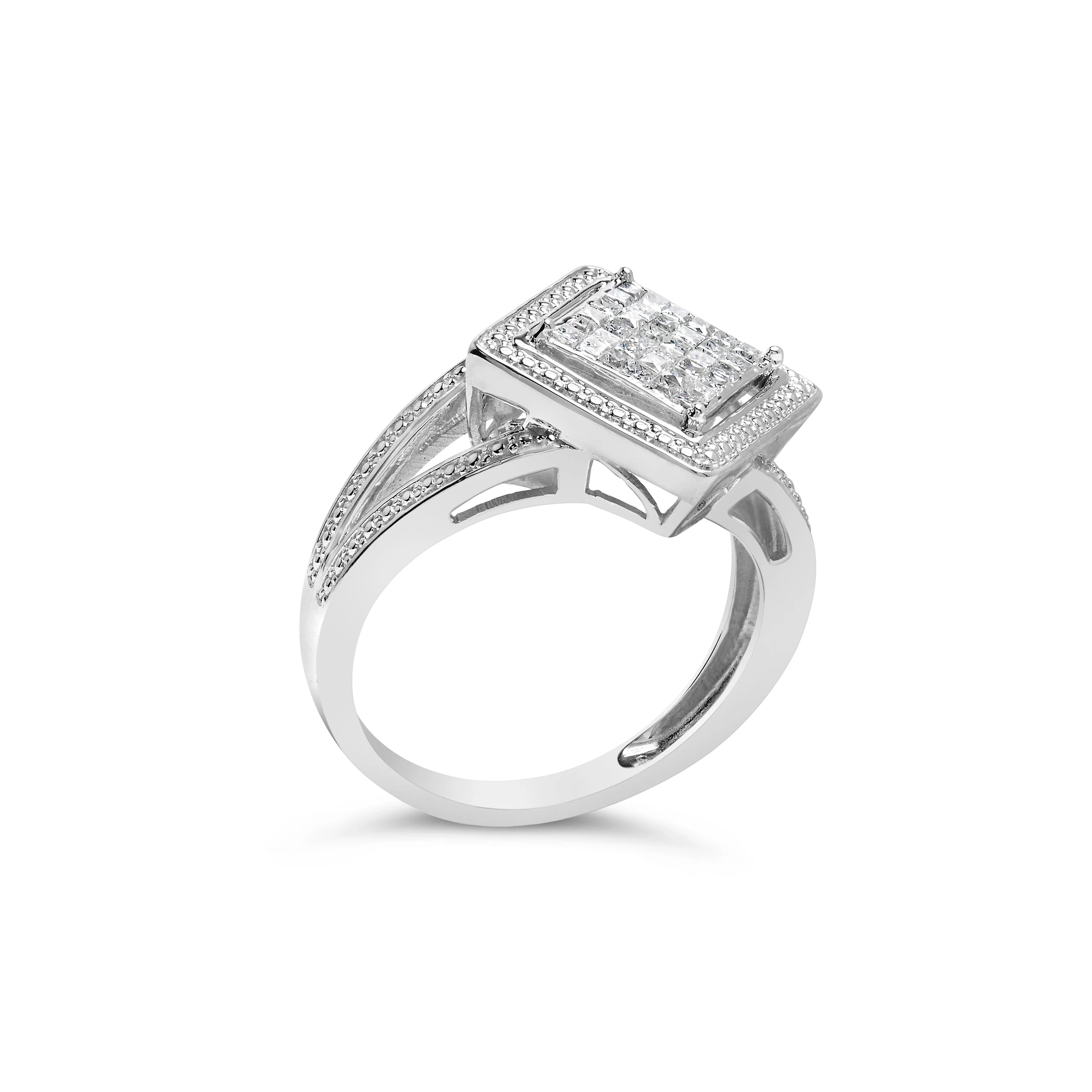 .925 Sterling Silver 1/3 Cttw Invisible Set Princess-Cut Diamond Rhombus and Beaded Halo Ring (H-I Color, SI1-SI2 Clarity) - Ring Size 7 - Image 8