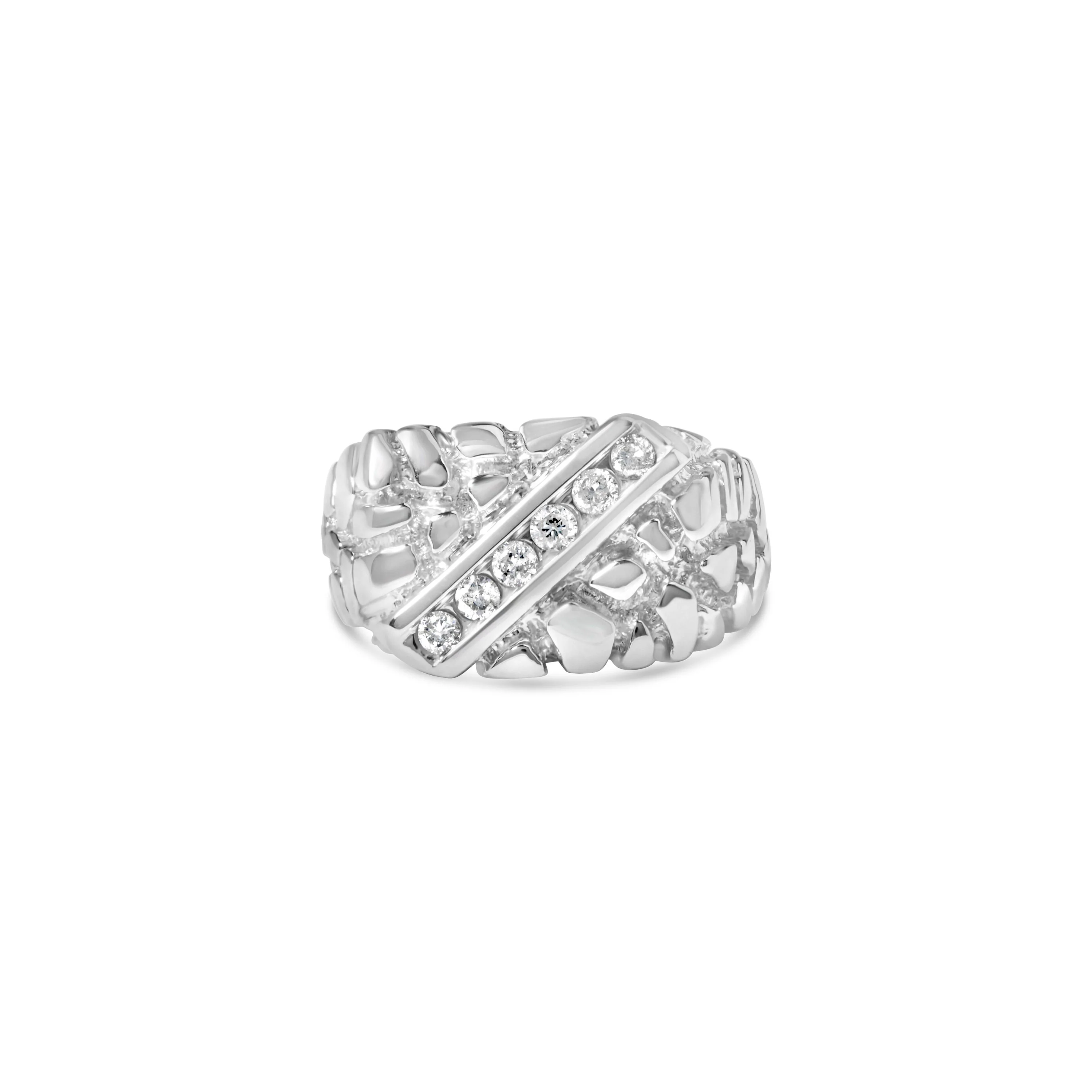 .925 Sterling Silver 1/3 Diamond 6 Stone Rectangle Nugget Gents Ring - Size 10 - Image 4