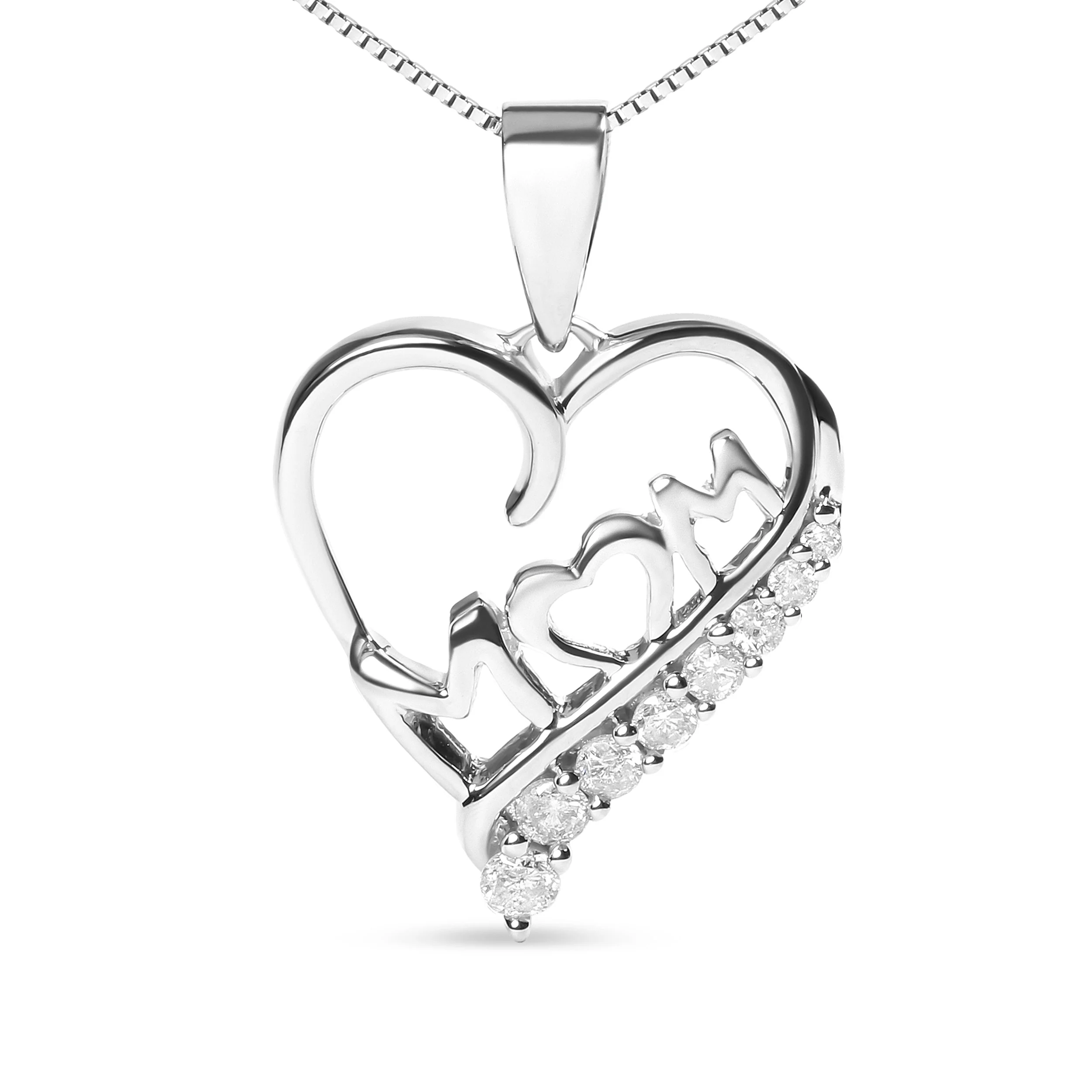 .925 Sterling Silver 1/4 Cttw Diamond "Mom" and Open Heart 18" Pendant Necklace (I-J Color, I2-I3 Clarity) - Image 2