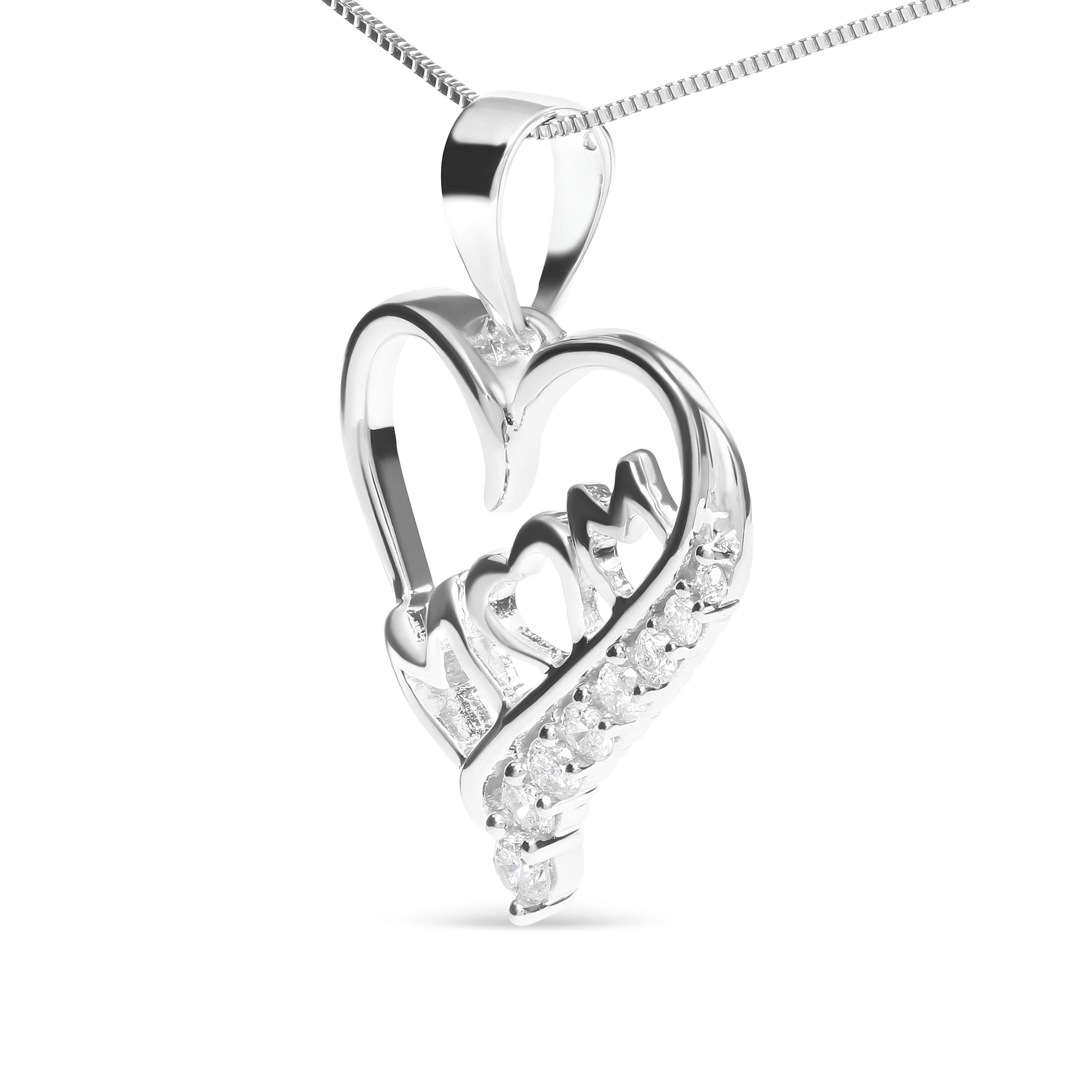.925 Sterling Silver 1/4 Cttw Diamond "Mom" and Open Heart 18" Pendant Necklace (I-J Color, I2-I3 Clarity) - Image 3