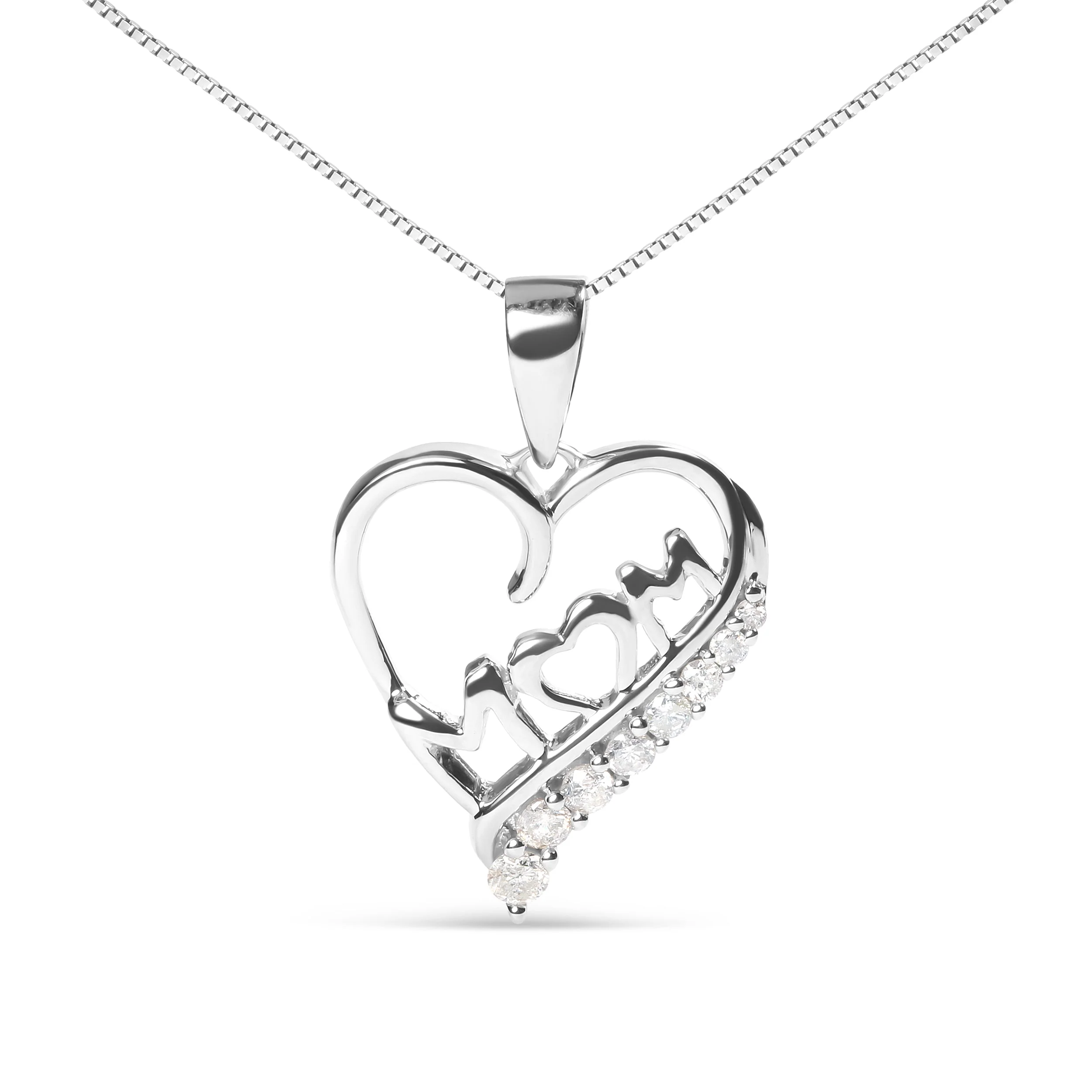 .925 Sterling Silver 1/4 Cttw Diamond "Mom" and Open Heart 18" Pendant Necklace (I-J Color, I2-I3 Clarity) - Image 5