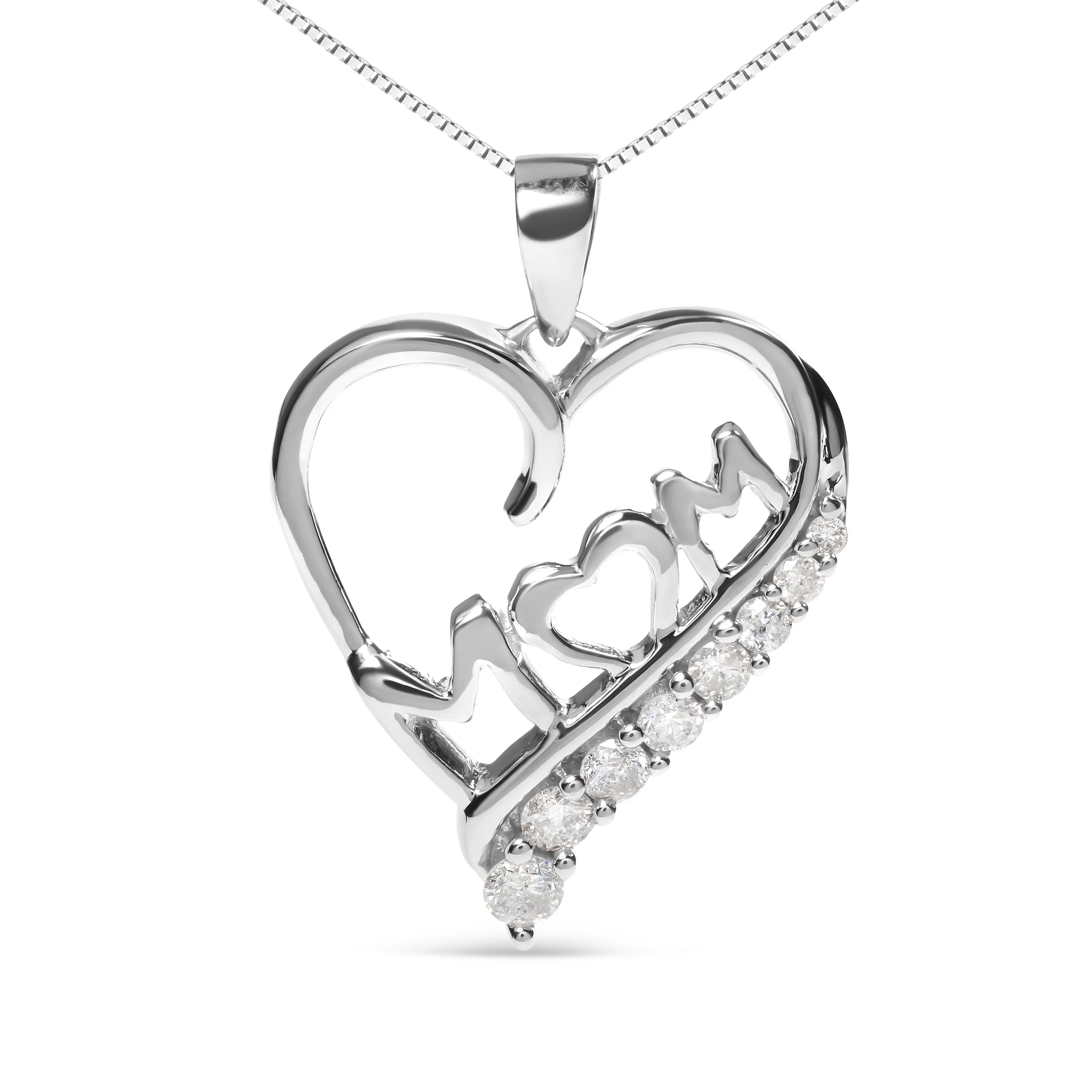 .925 Sterling Silver 1/4 Cttw Diamond "Mom" and Open Heart 18" Pendant Necklace (I-J Color, I2-I3 Clarity) - Image 6