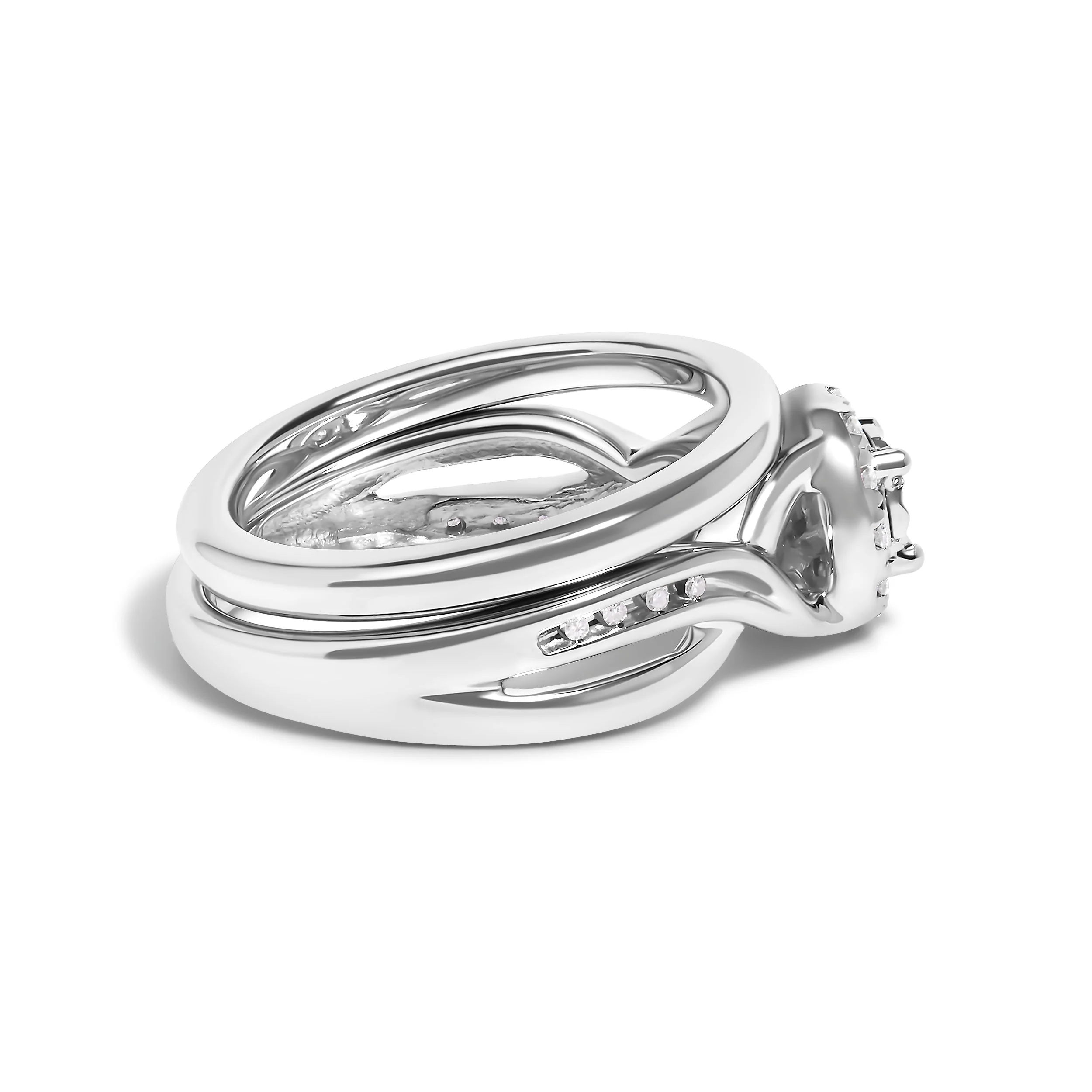 .925 Sterling Silver 1/7 Cttw Diamond Halo Bypass Engagement Ring and Wedding Band Set (I-J Color, I3 Clarity)- Size 7 - Image 2