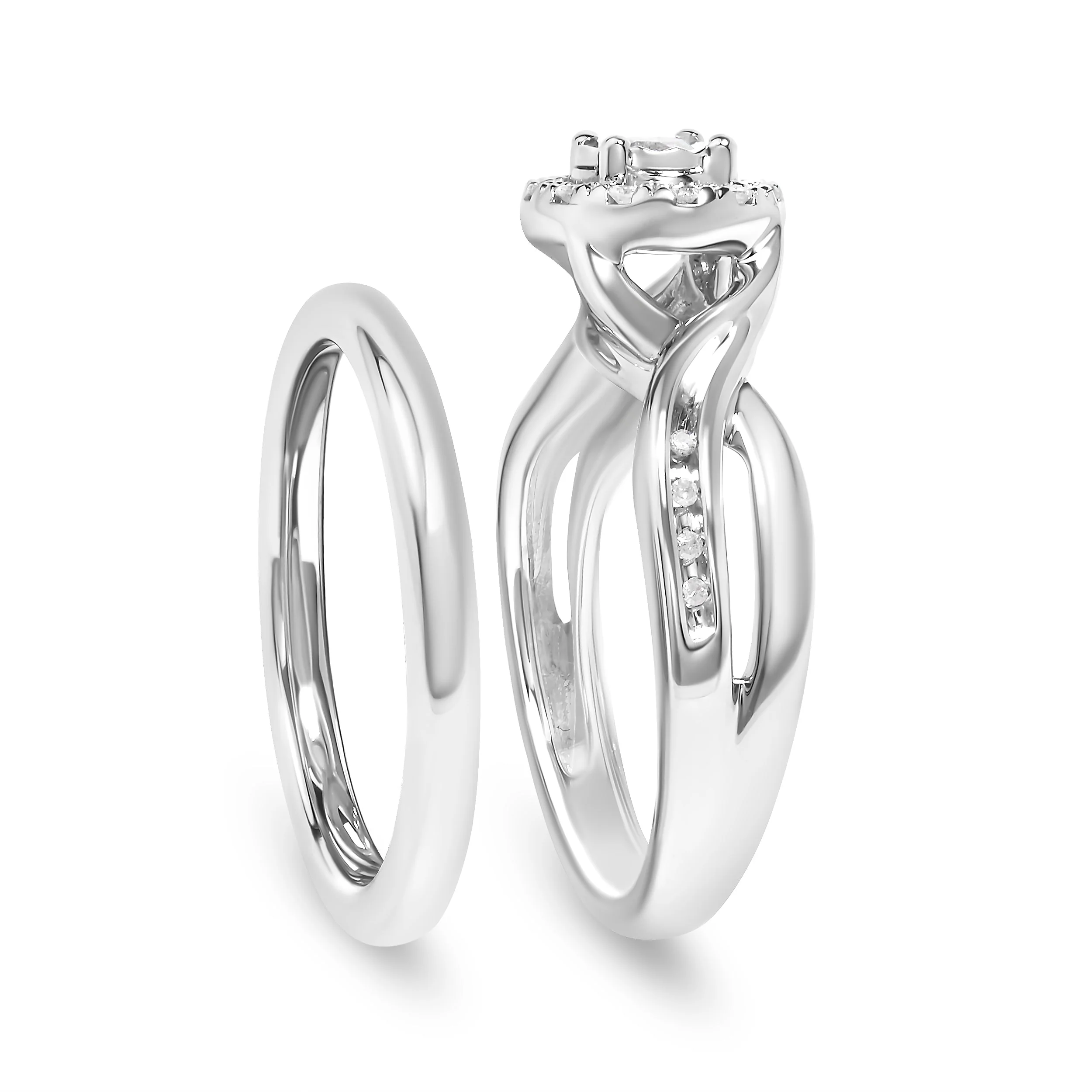 .925 Sterling Silver 1/7 Cttw Diamond Halo Bypass Engagement Ring and Wedding Band Set (I-J Color, I3 Clarity)- Size 7 - Image 6