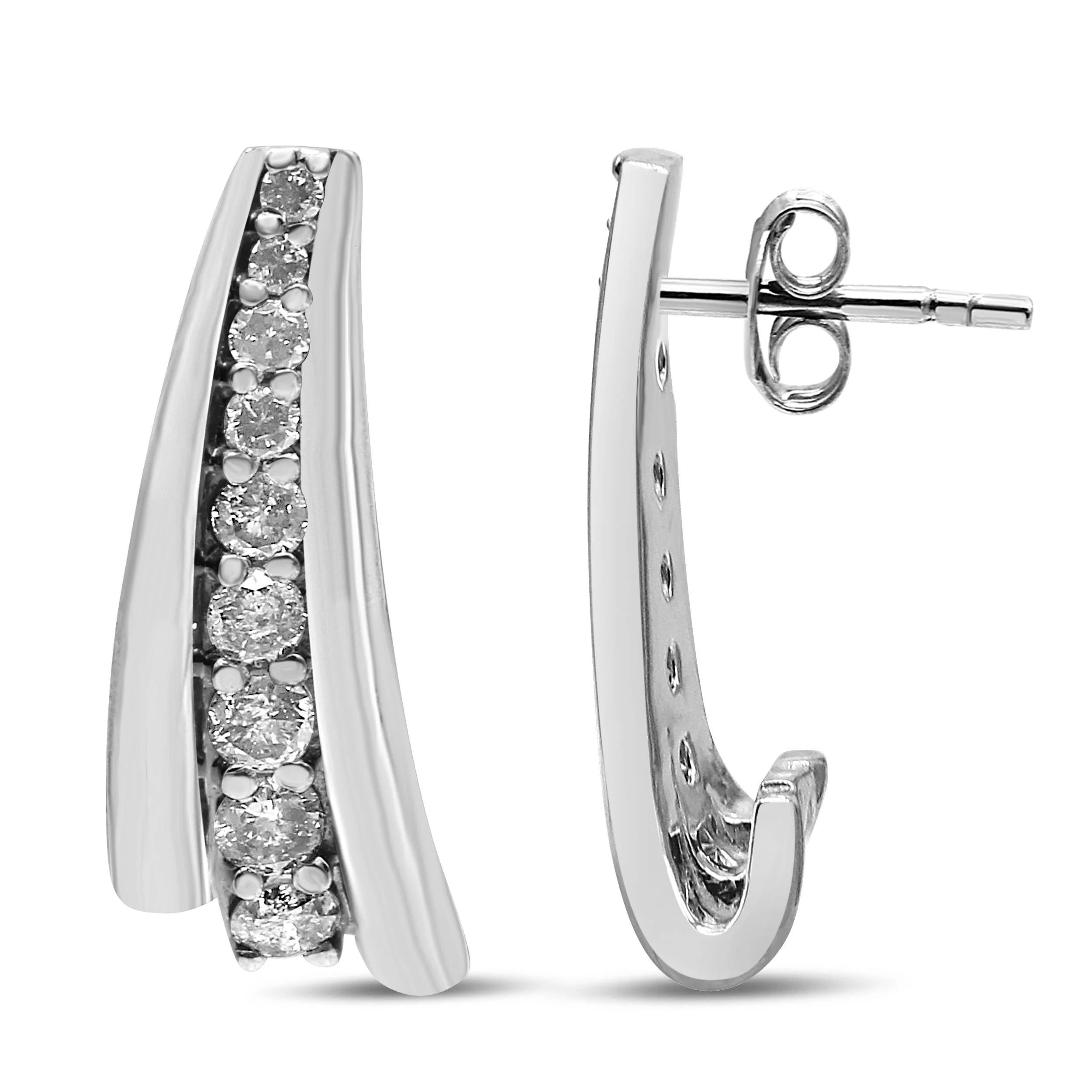 .925 Sterling Silver 1 Cttw Round Diamond Graduated Huggie Earrings (I2-I3 Clarity, I-J Color) - Image 3