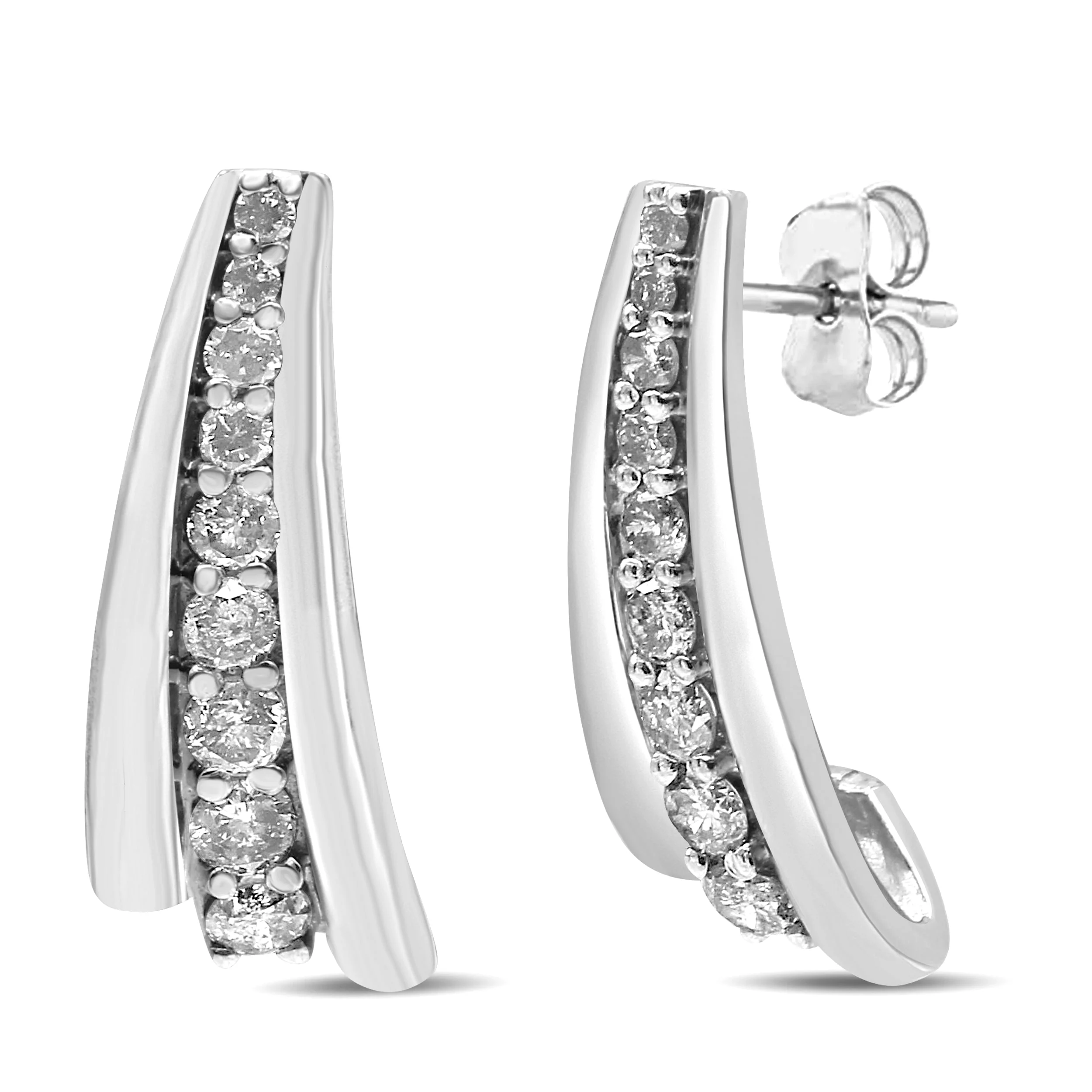 .925 Sterling Silver 1 Cttw Round Diamond Graduated Huggie Earrings (I2-I3 Clarity, I-J Color) - Image 4