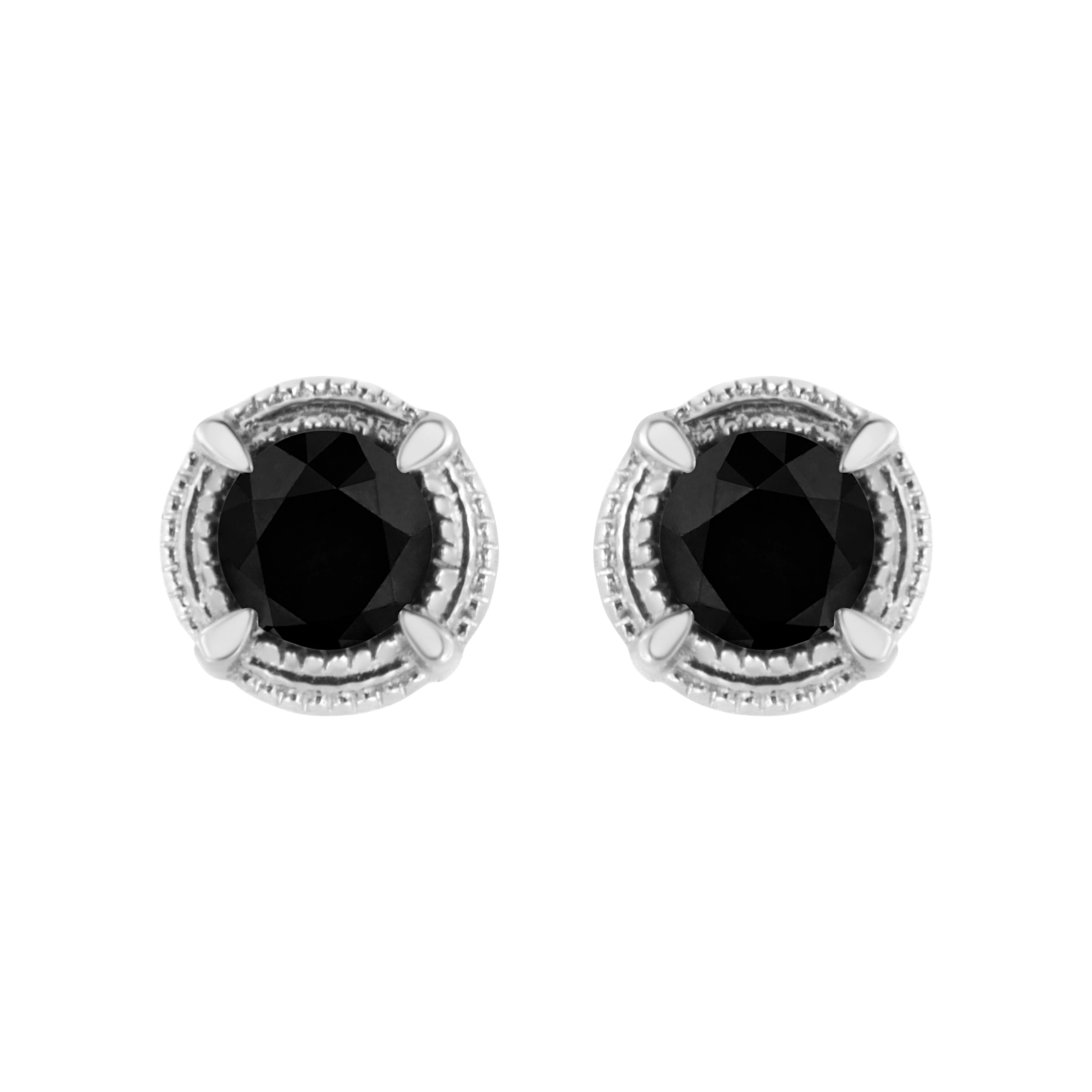 .925 Sterling Silver 1 cttw Treated Black Diamond Modern 4-Prong Solitaire Milgrain Stud Earrings (Black Color, I1-I2 Clarity)