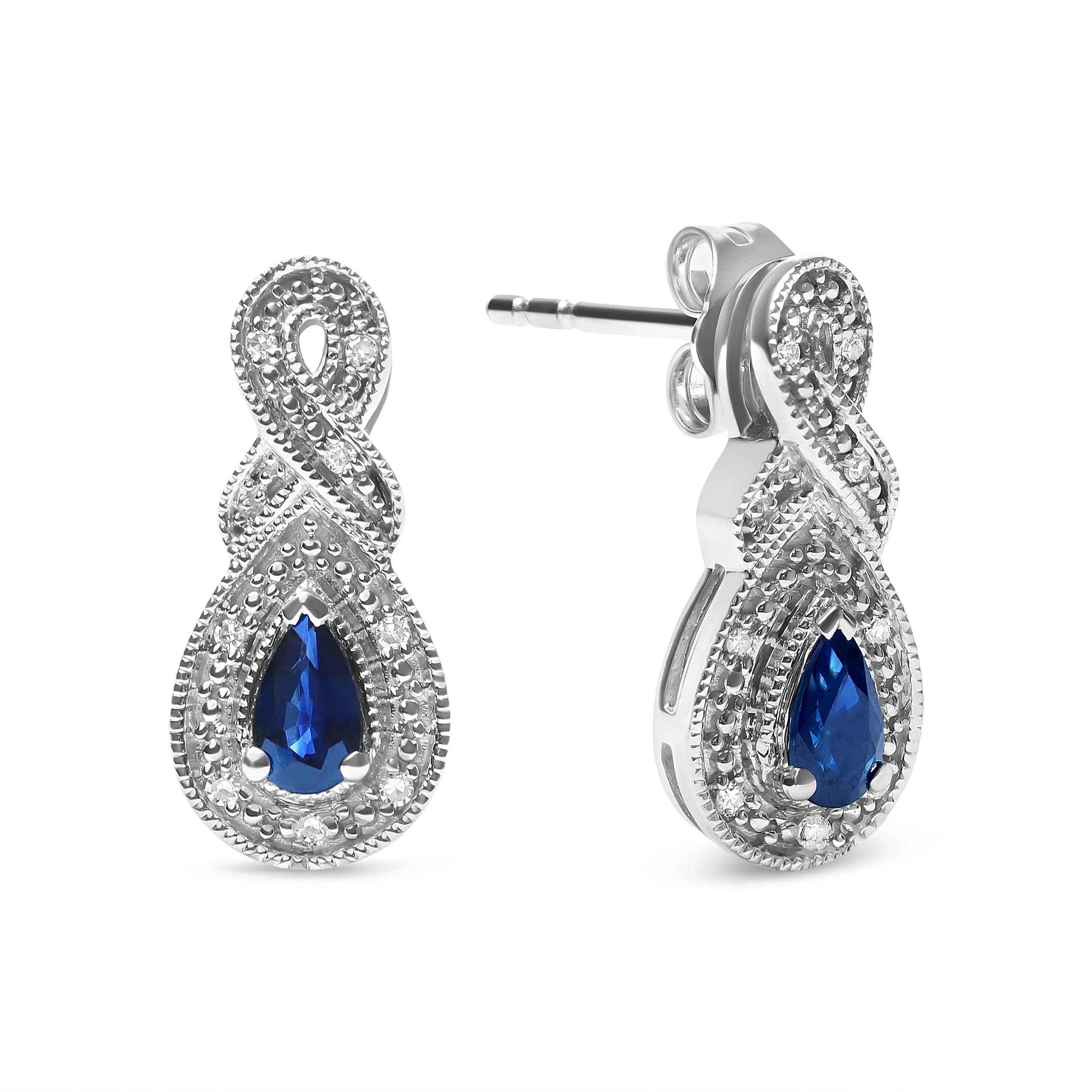 .925 Sterling Silver 4.5 x 3mm Pear Sapphire Gemstone and Diamond Accent Infinity Drop Stud Earrings (H-I Color, SI1-SI2 Clarity) - Image 2