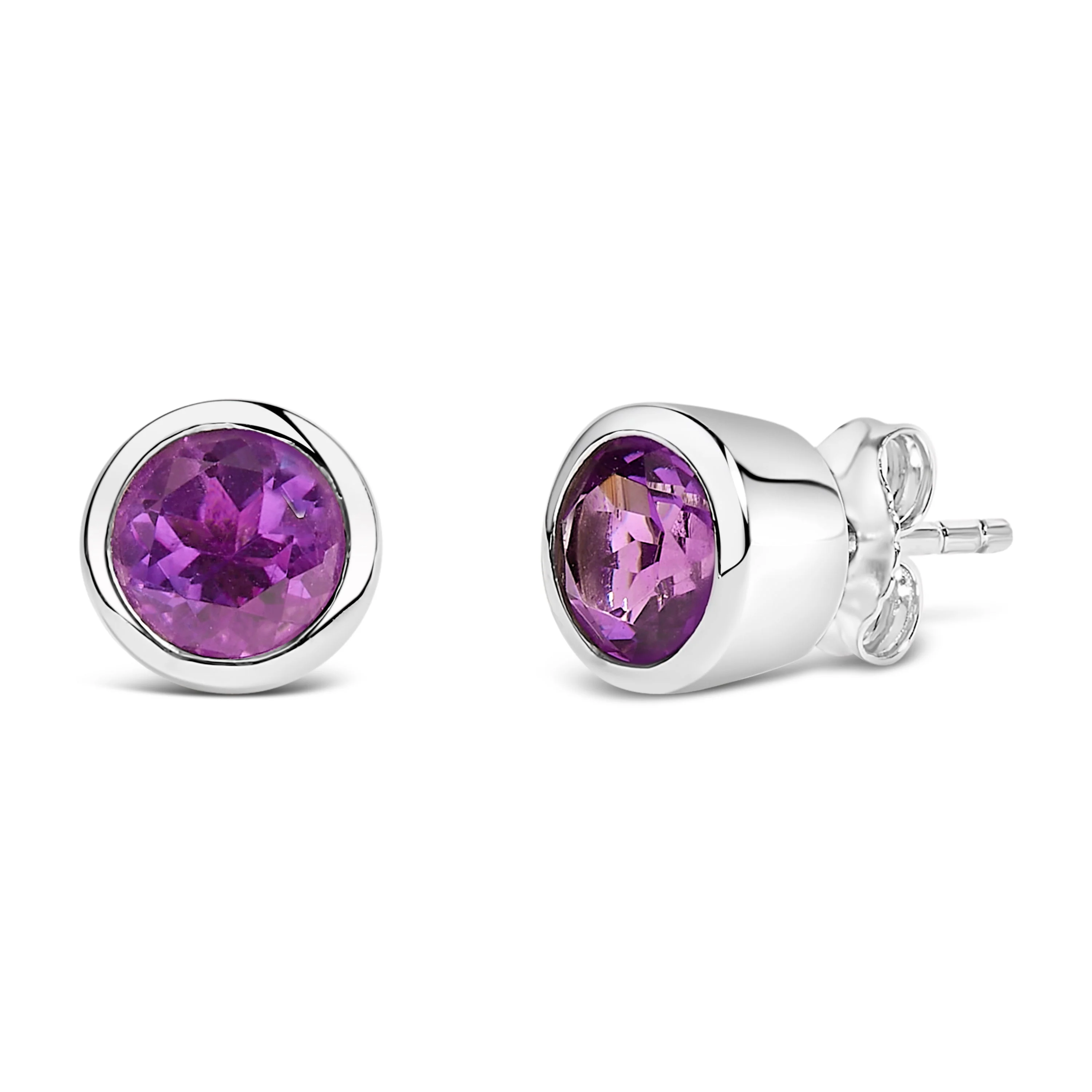 .925 Sterling Silver 6MM Bezel Set Created Purple Amethyst Solitaire Stud Earrings - Image 2