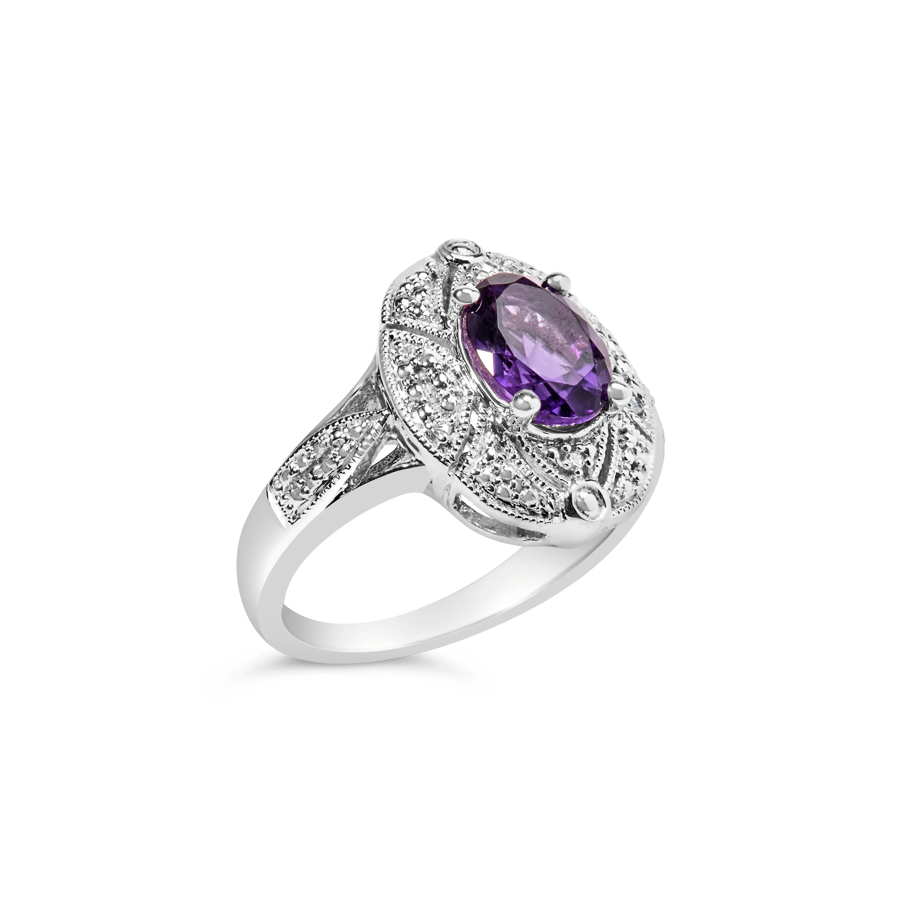 .925 Sterling Silver 9x7mm Oval Purple Amethyst and Diamond Accent Art Deco Style Cocktail Ring (I-J Color, I1-I2 Clarity) - Size 6 - Image 3