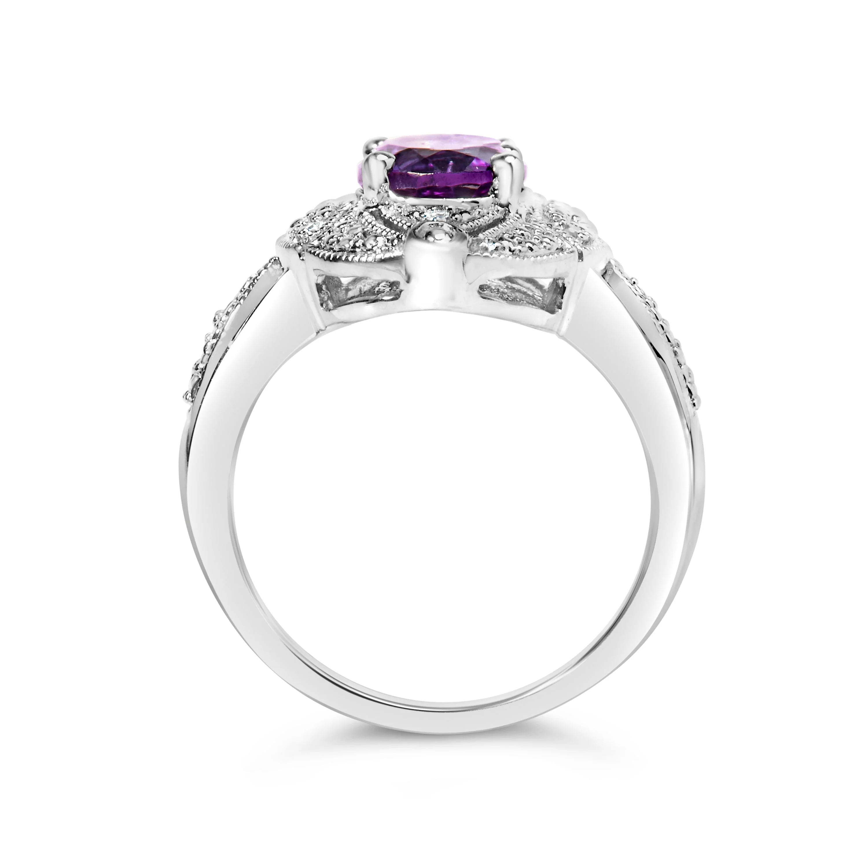 .925 Sterling Silver 9x7mm Oval Purple Amethyst and Diamond Accent Art Deco Style Cocktail Ring (I-J Color, I1-I2 Clarity) - Size 6 - Image 5